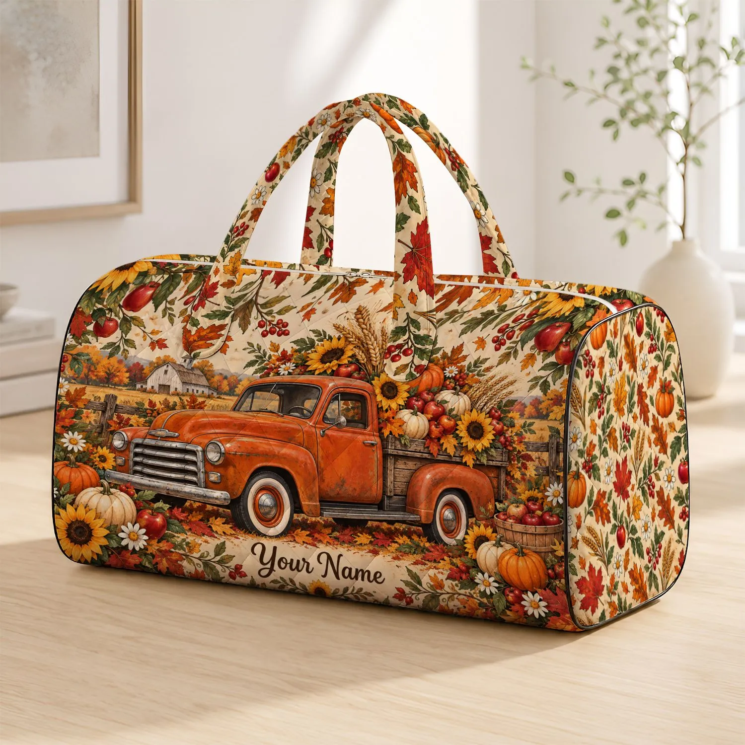 A Rustic Harvest Truck with Sunflowers and Pumpkins for Cozy Autumn Weekend Getaways Quilted Weekend Bag - 1