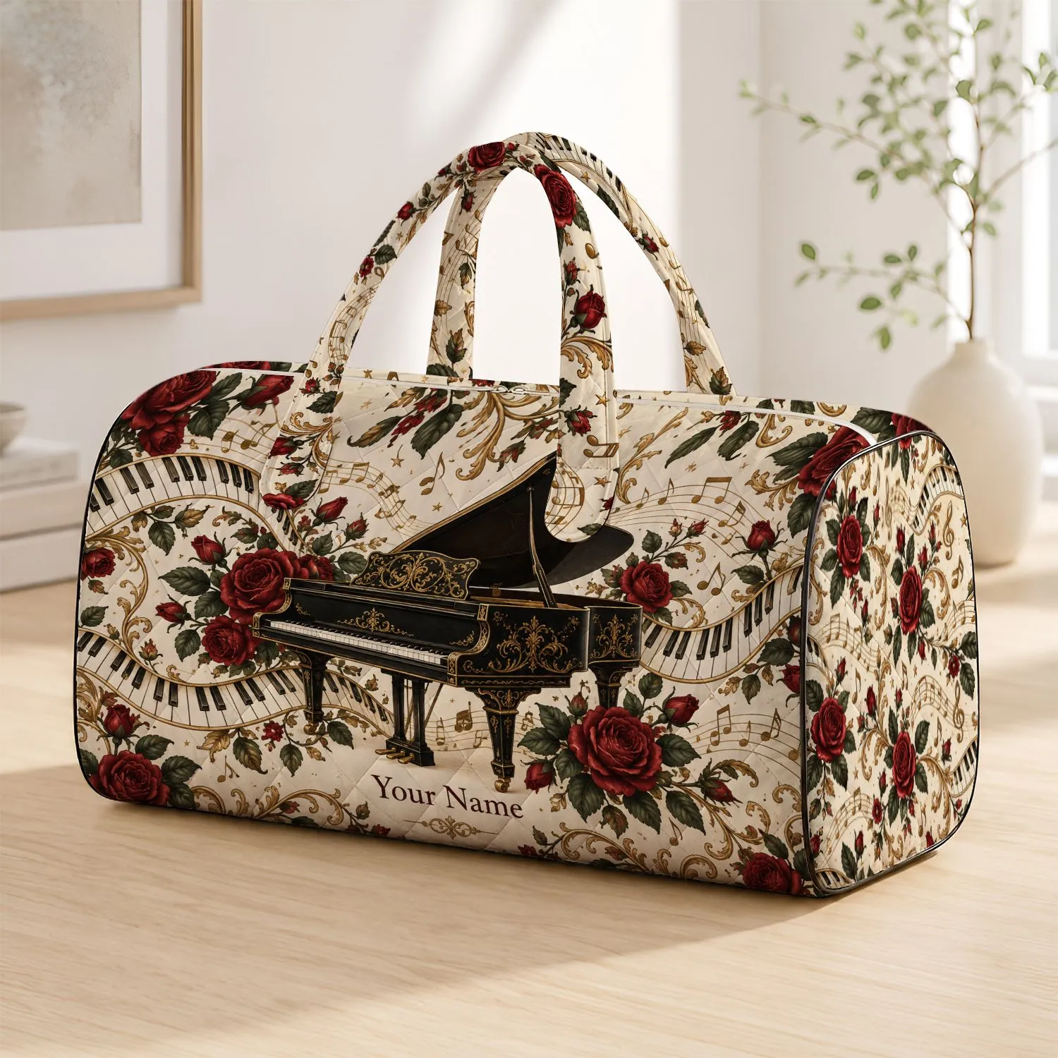 Vintage Grand Piano and Red Roses for Classical Music Lovers and Weekend Getaways Quilted Weekend Bag - 1