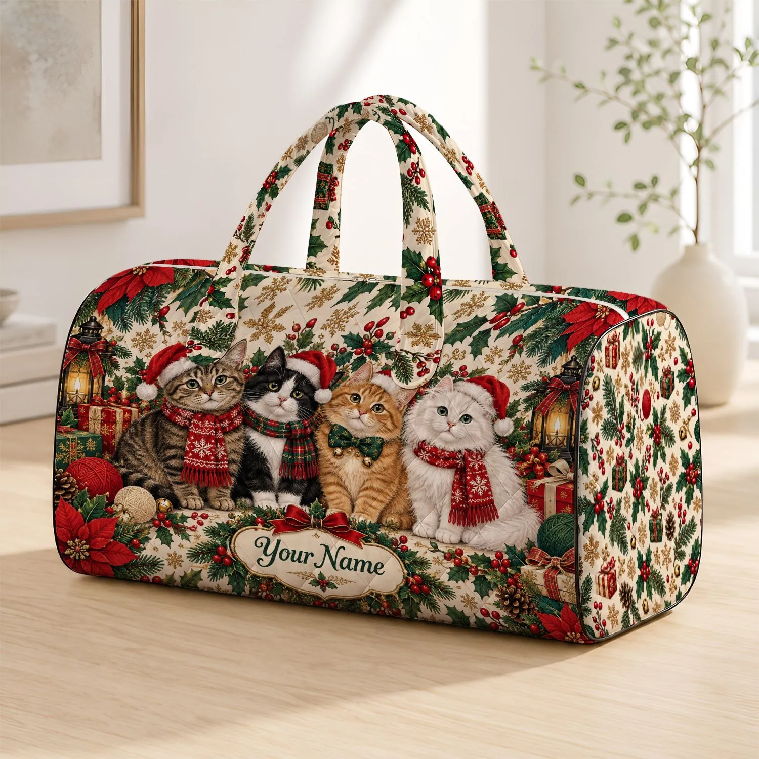 Christmas Cat Companions With Holly And Ornaments For Cozy Holiday Getaways Together Quilted Weekend Bag - 1