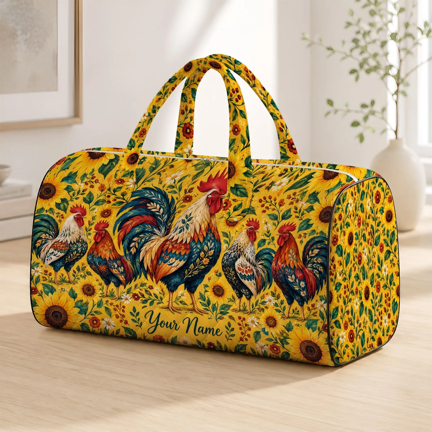 Colorful Roosters and Sunflowers for Cheerful Farmhouse Weekend Getaways Quilted Weekend Bag - 1