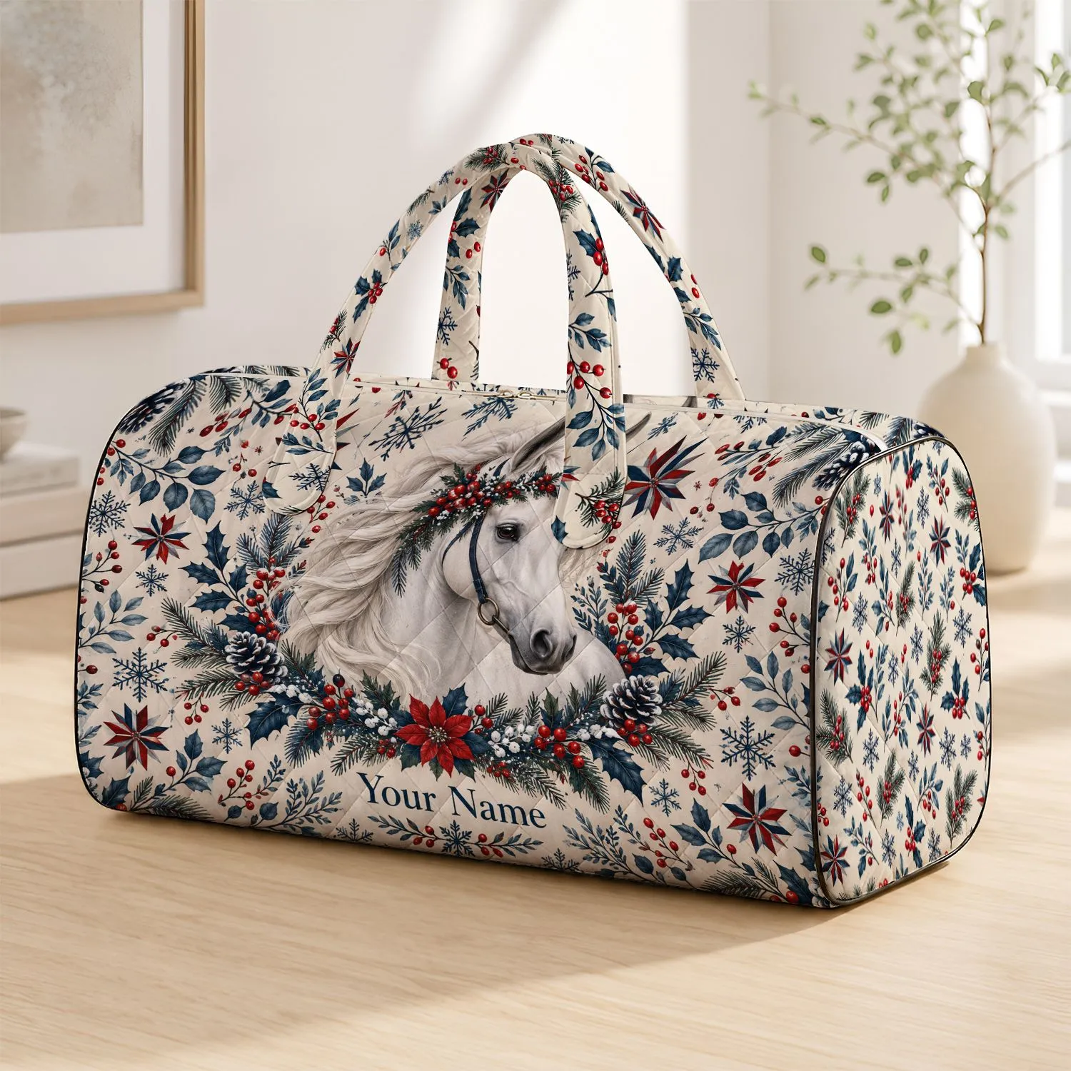 White Winter Horse and Evergreen Berries for Cozy Holiday Travel and Snowy Escapes Quilted Weekend Bag - 1