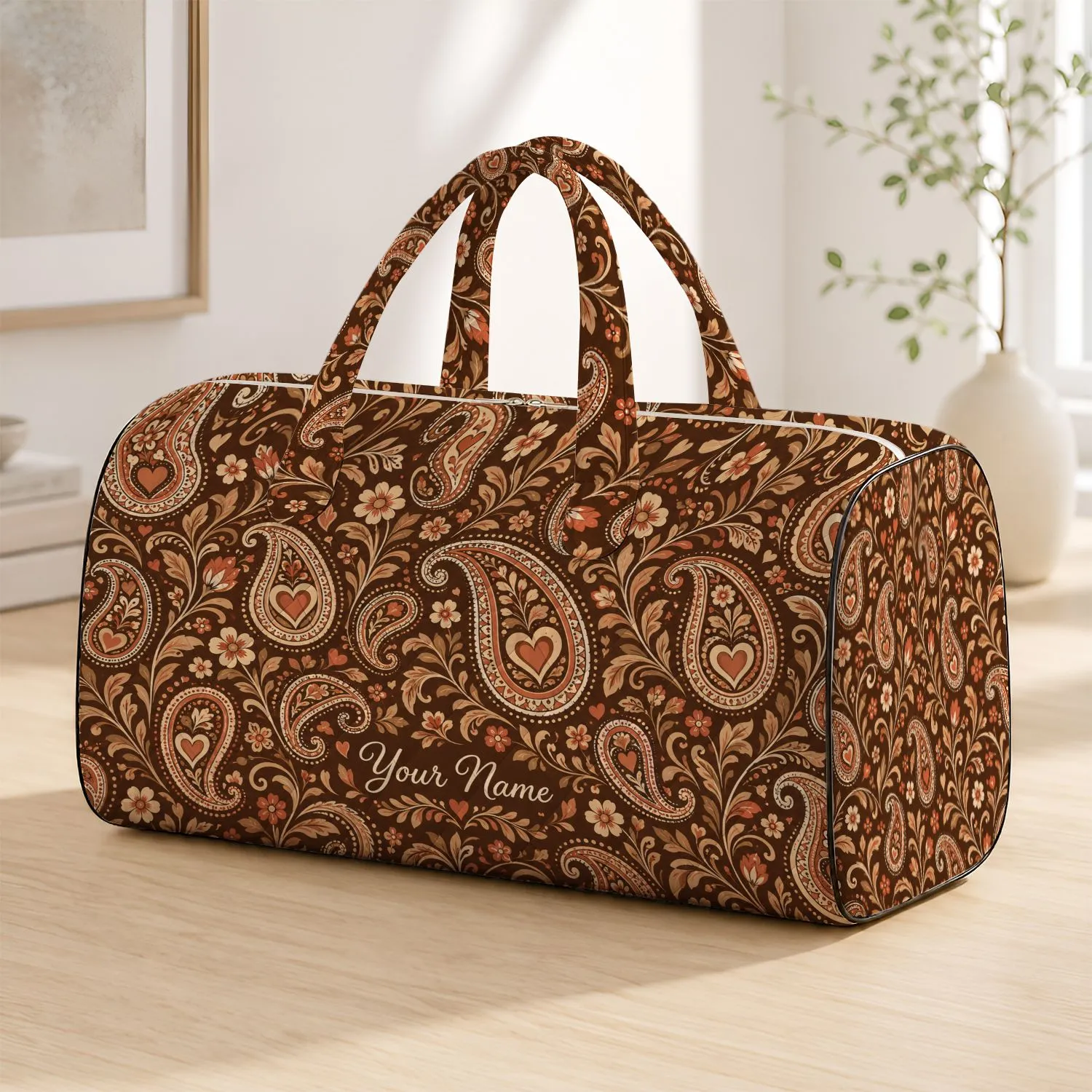 Cocoa Brown Heart Paisley for Relaxed Getaways and Thoughtful Travel Gift Giving Quilted Weekend Bag - 1