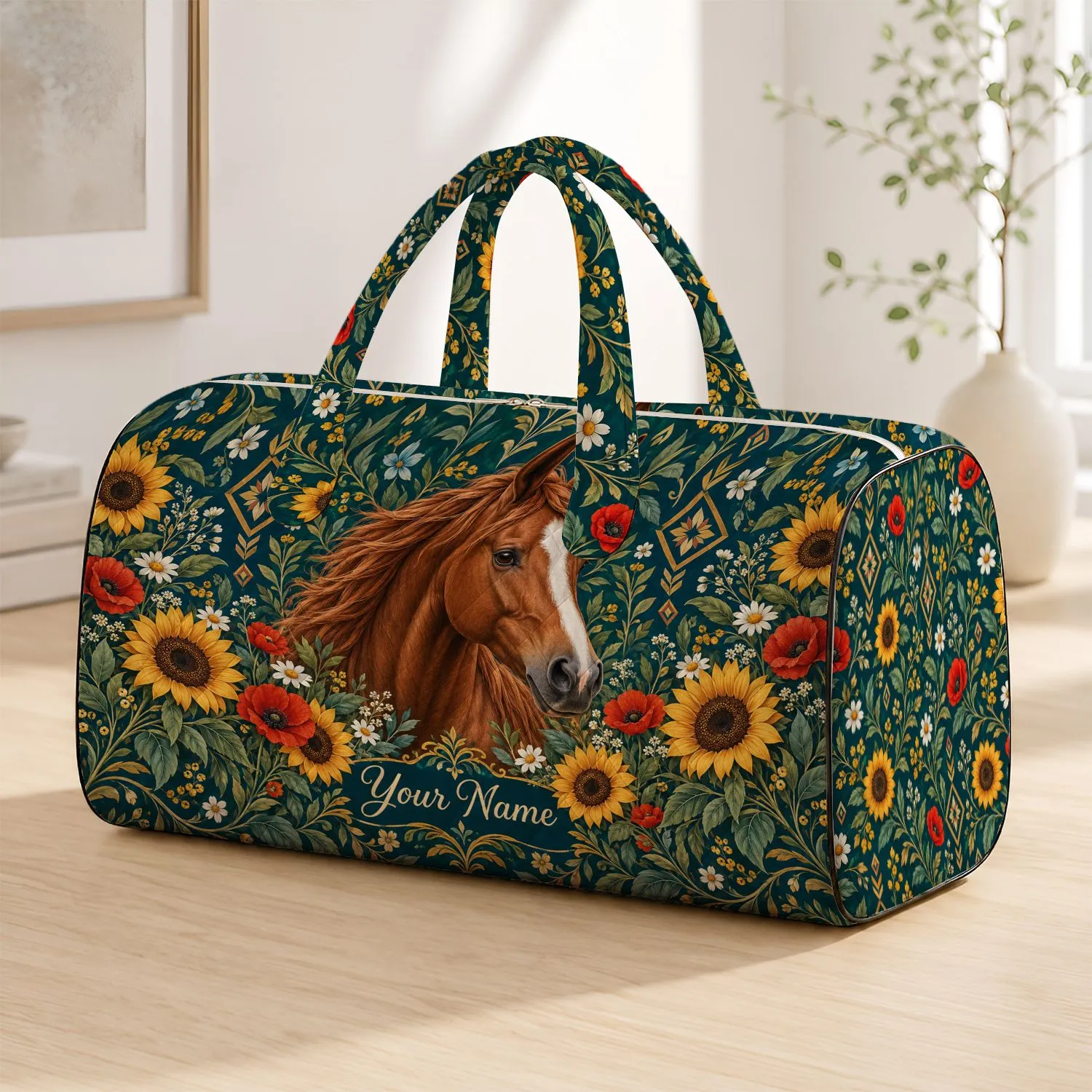 Chestnut Horse and Sunflower Meadow for Equestrian Travel and Relaxed Weekend Getaways Quilted Weekend Bag - 1