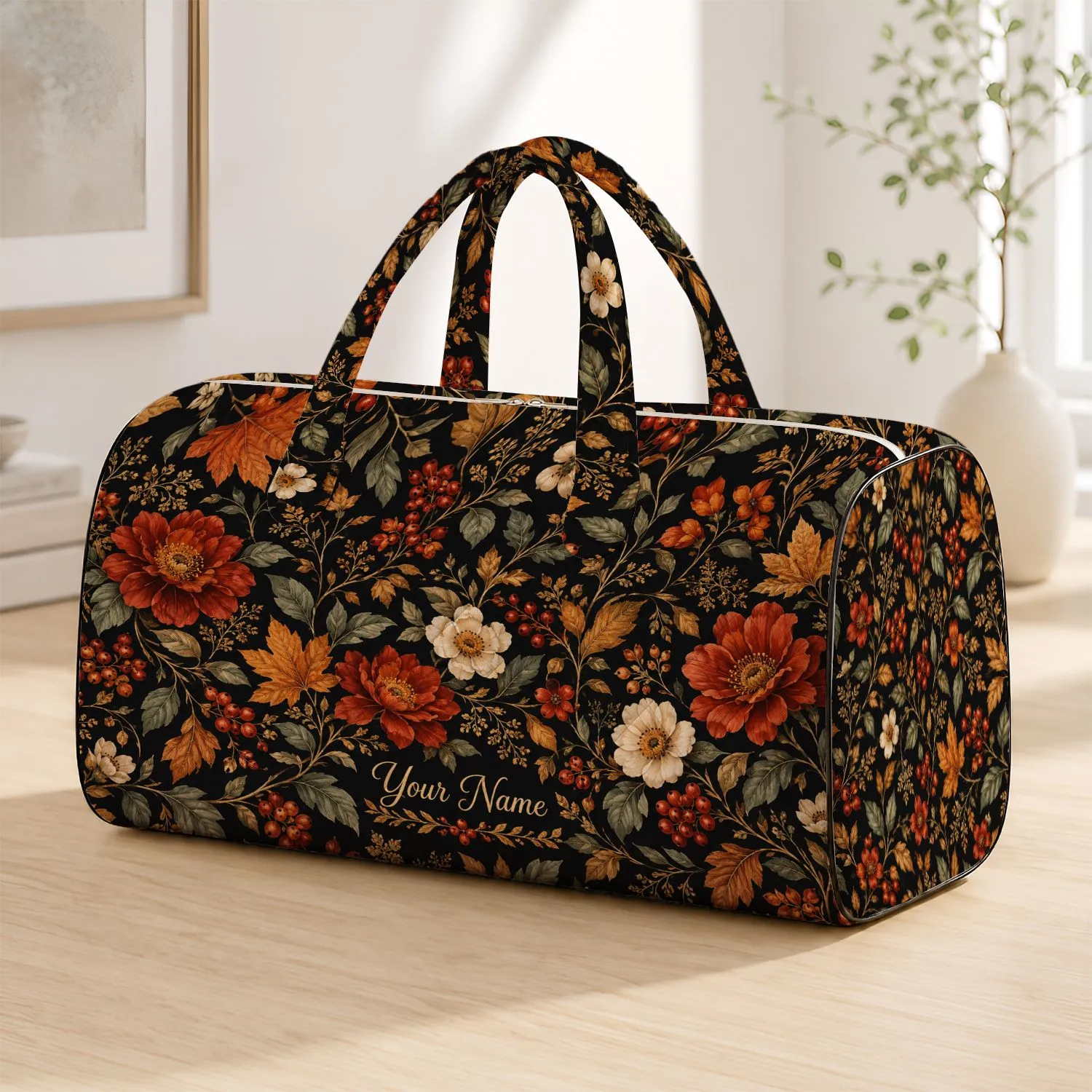 Autumn flowers Amber Leaves Charcoal Botanical Foliage Charcoal Autumn Florals and Copper Quilted Weekend Bag - 1