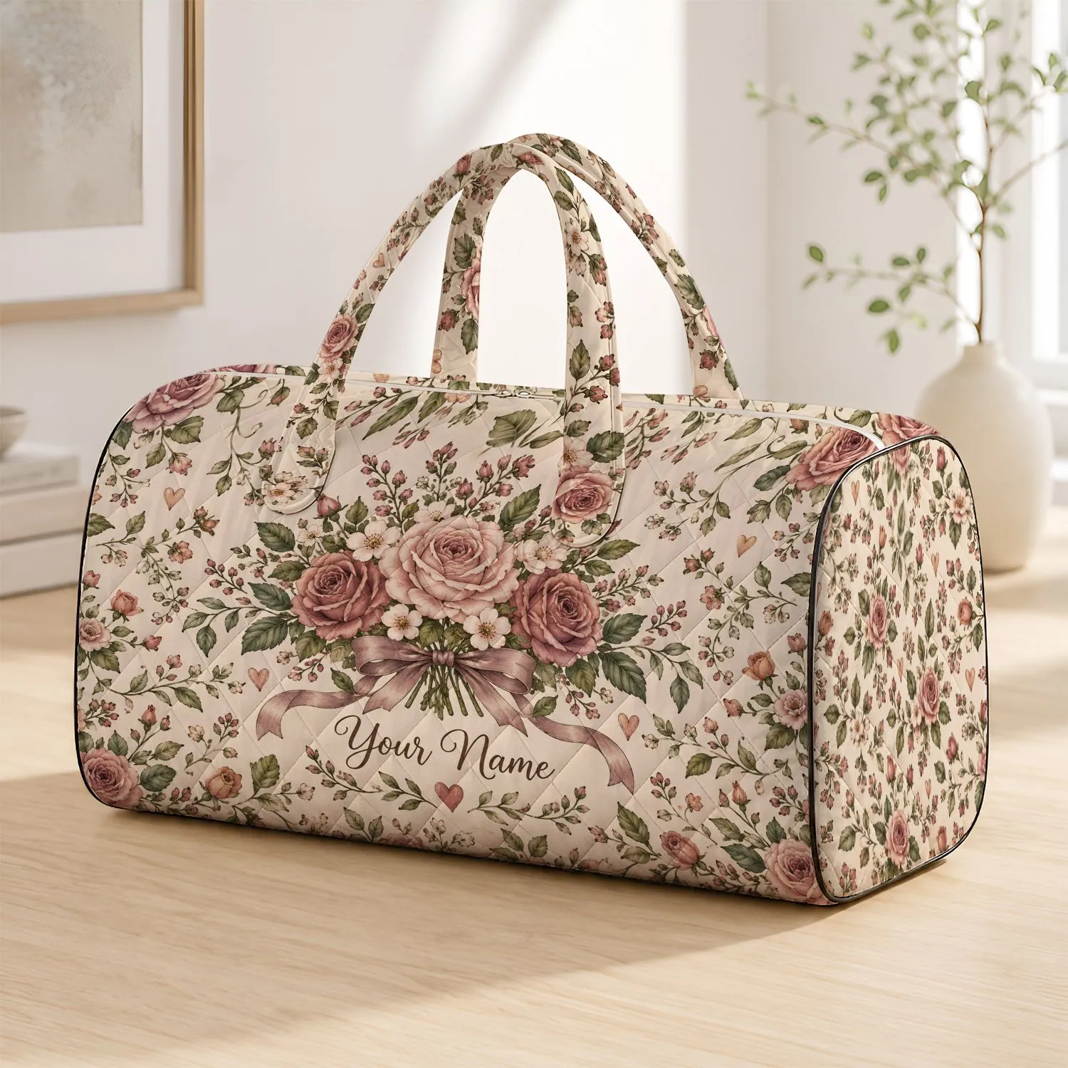 Dusty Rose Floral Heart Keepsake for Sister Birthday and Family Travel Gifts Quilted Weekend Bag - 1