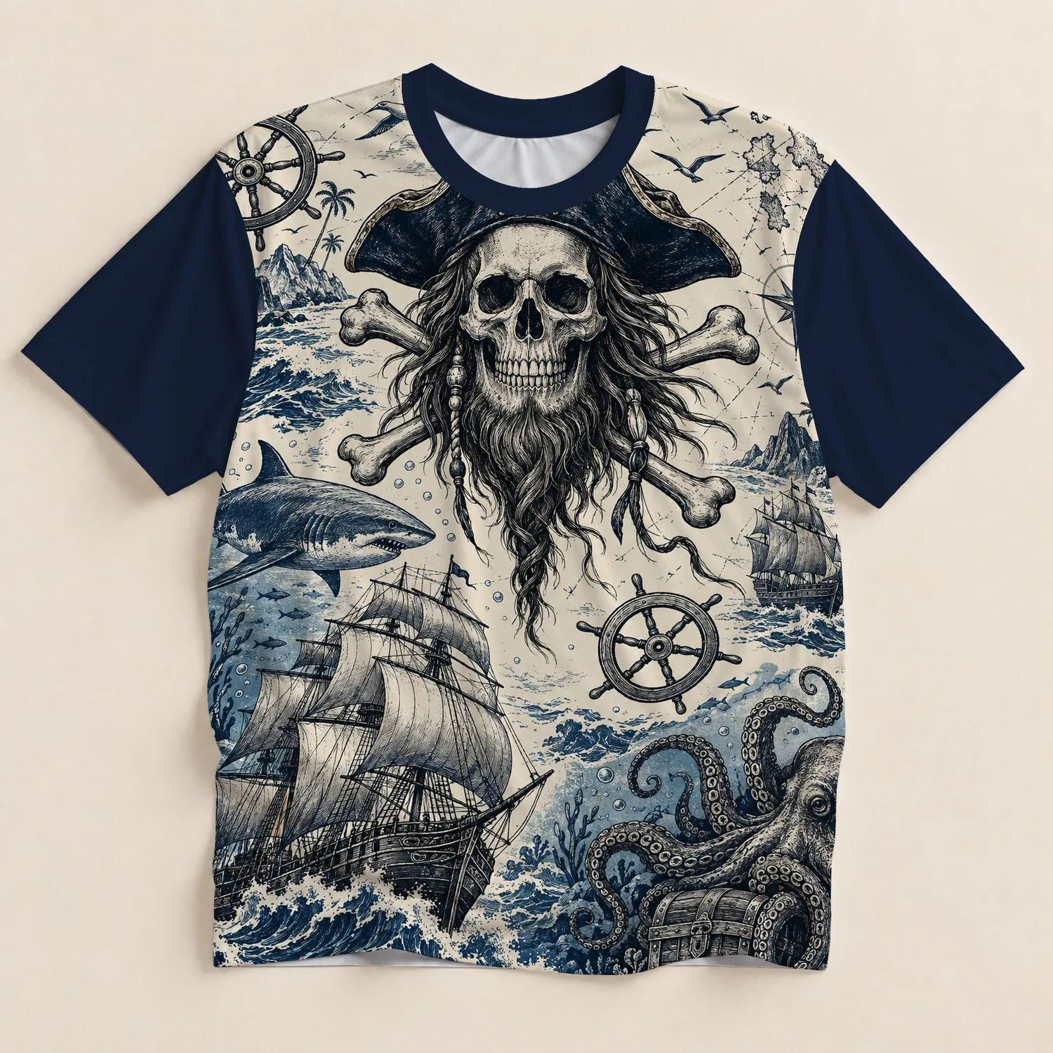 Pirate Skull And Crossbones With Tall Ships For Coastal Adventure And Nautical Fans All-over Print Unisex T-shirt - 1