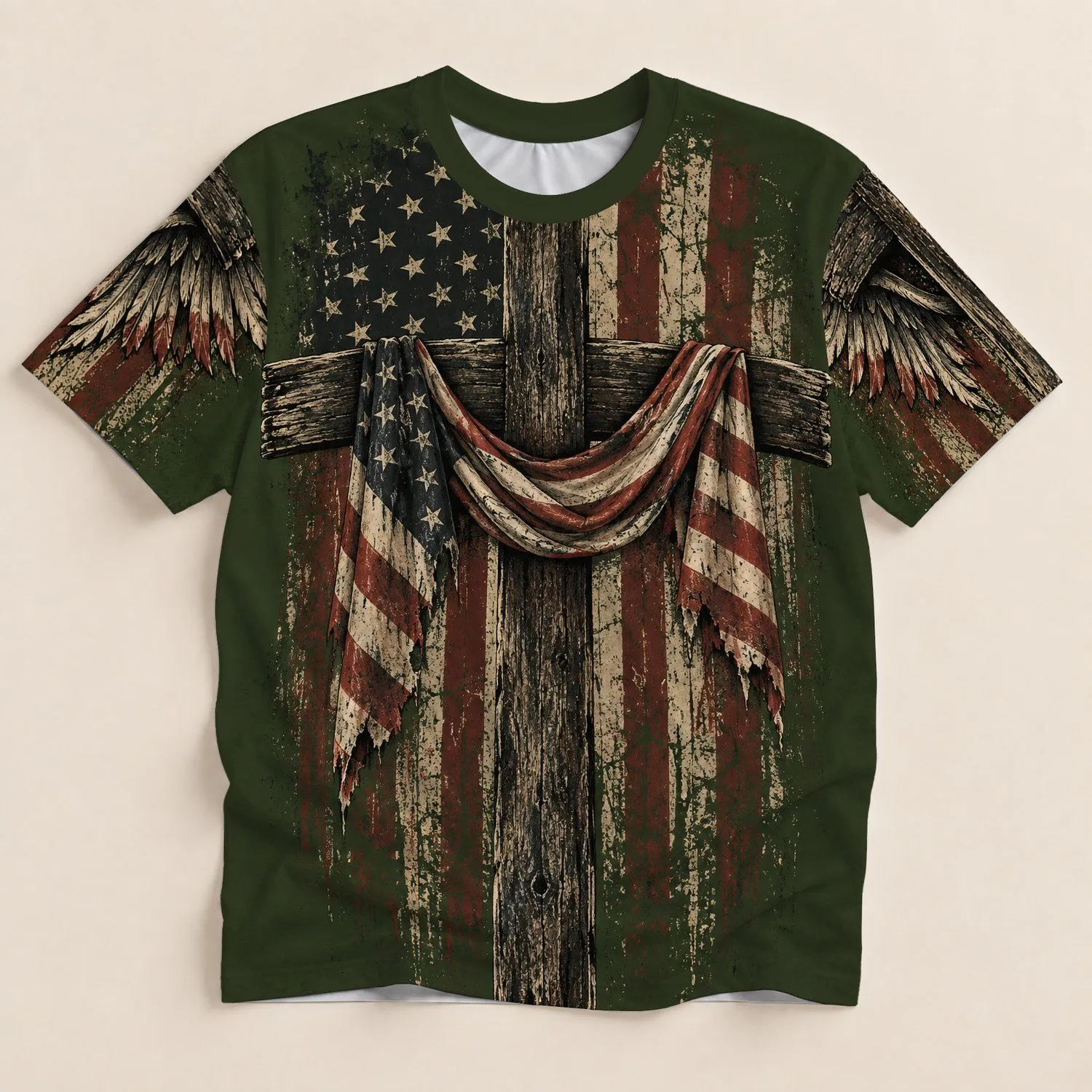 Weathered Cross and American Flag for Faithful Everyday Americana Style All-over Print Unisex T-shirt - 1