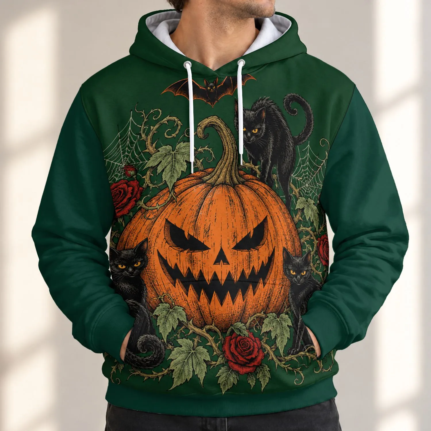 Halloween Pumpkin and Black Cats for Spooky Autumn Nights, Women’s Fall Style All-over Print Hoodie (Lightweight) - 1