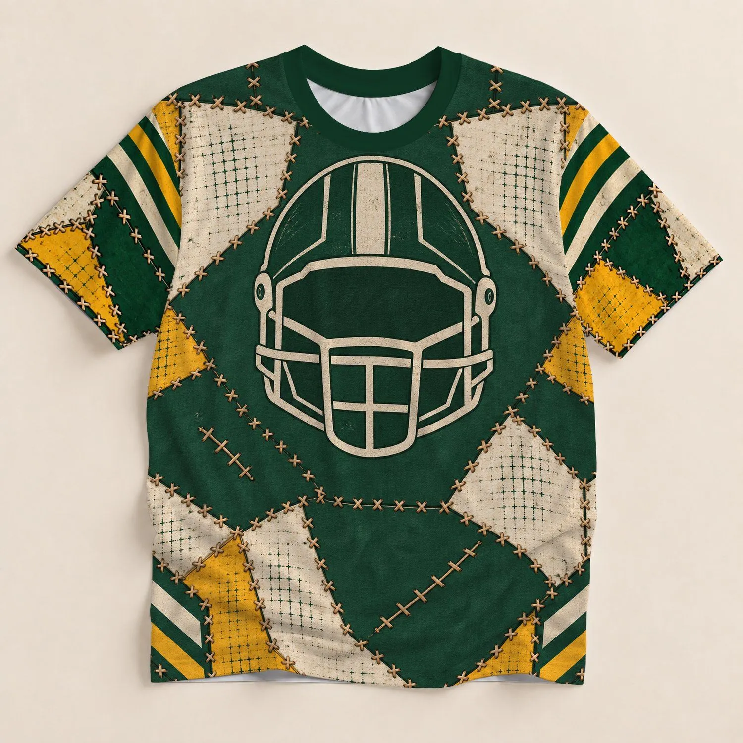 Green Gold Football Helmet Patchwork for Game Day Tailgates and Outdoor Fan Apparel All-over Print Unisex T-shirt - 1