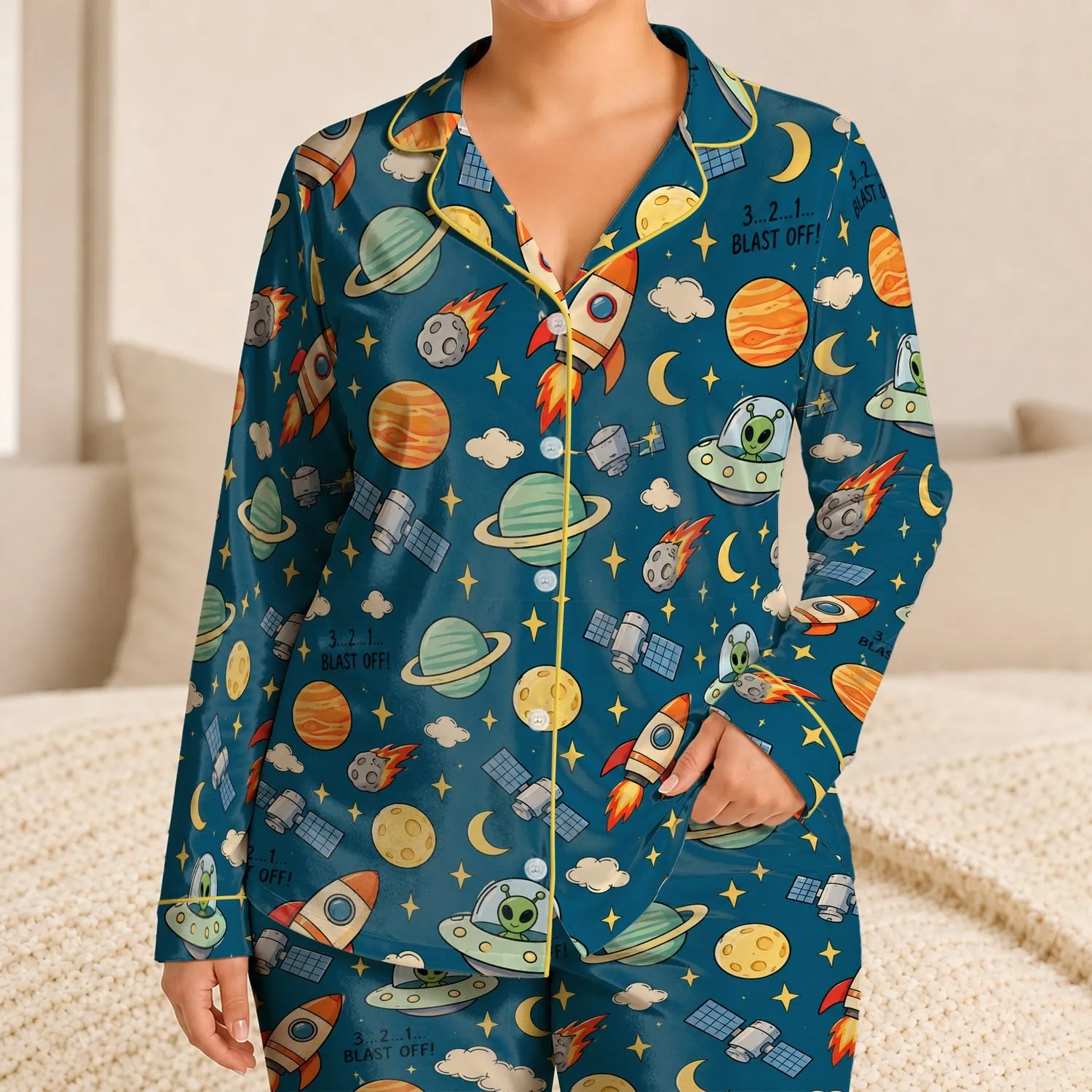 Space Rockets, Satellites and Planets for Cozy Summer Nights and Young Astronauts Satin Pajamas Set - 1