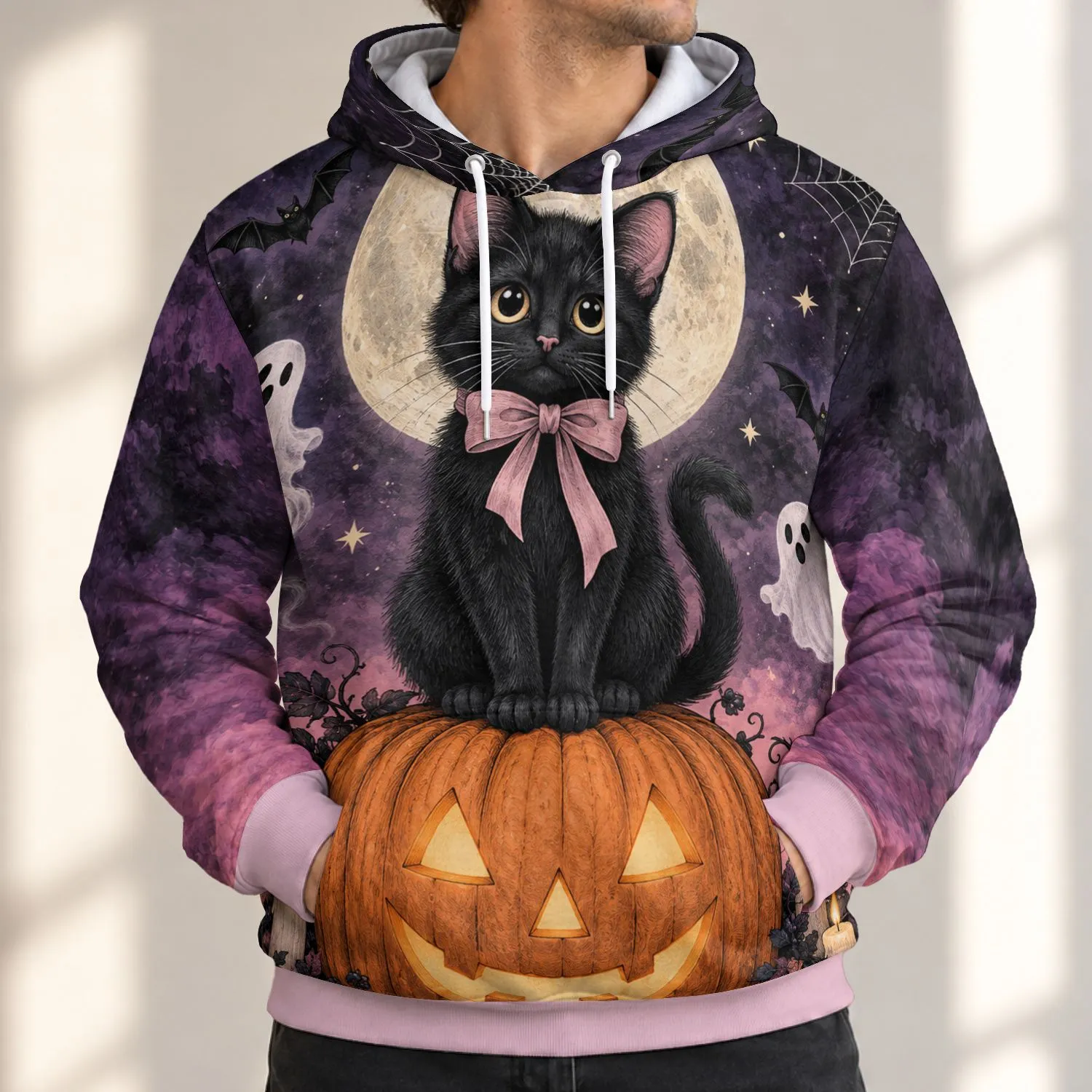Black Cat Pumpkin Moon Halloween Night Scene for Spooky Autumn Gatherings and Cozy Evenings All-over Print Hoodie (Lightweight) - 1