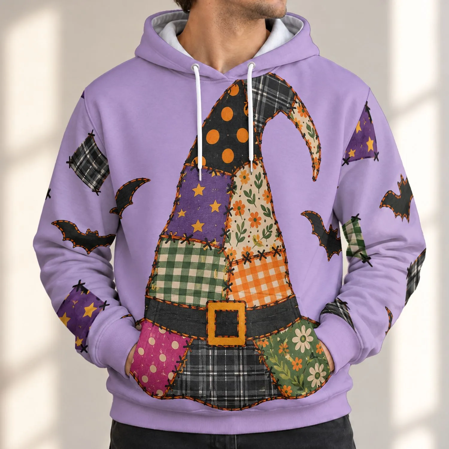 Patchwork Witch Hat and Bats for Halloween Parties and Cozy Autumn Days All-over Print Hoodie (Lightweight) - 1