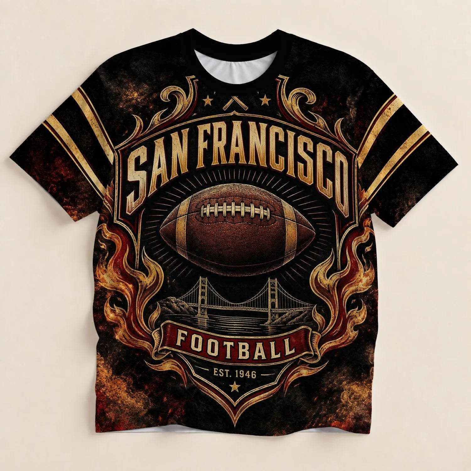 San Francisco Football Crest With Golden Flames for Game Day and School Spirit All-over Print Unisex T-shirt - 1