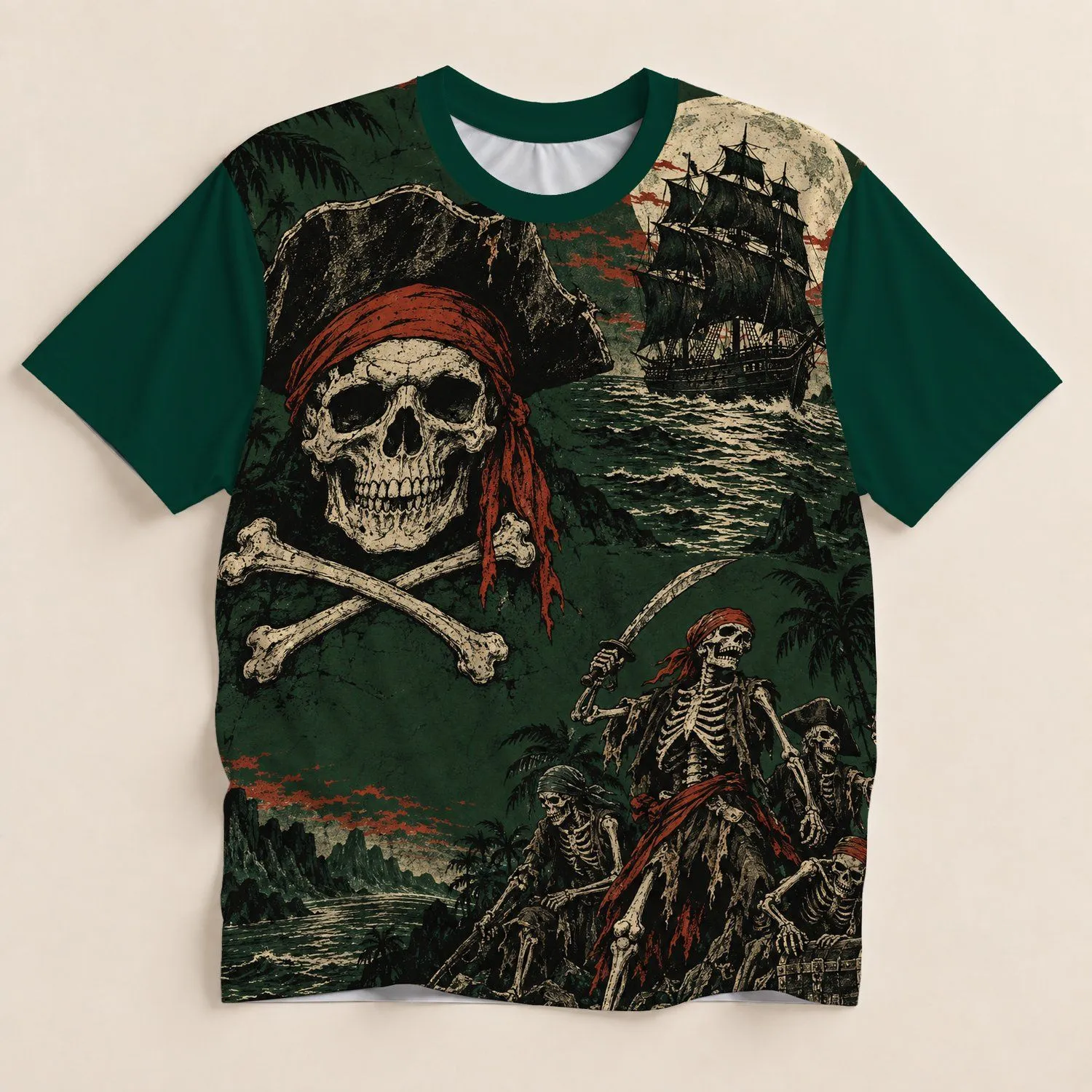 Pirate Skull, Skeleton Crew And Tall Ship For Gothic Coastal Nights And Costume Parties All-over Print Unisex T-shirt - 1
