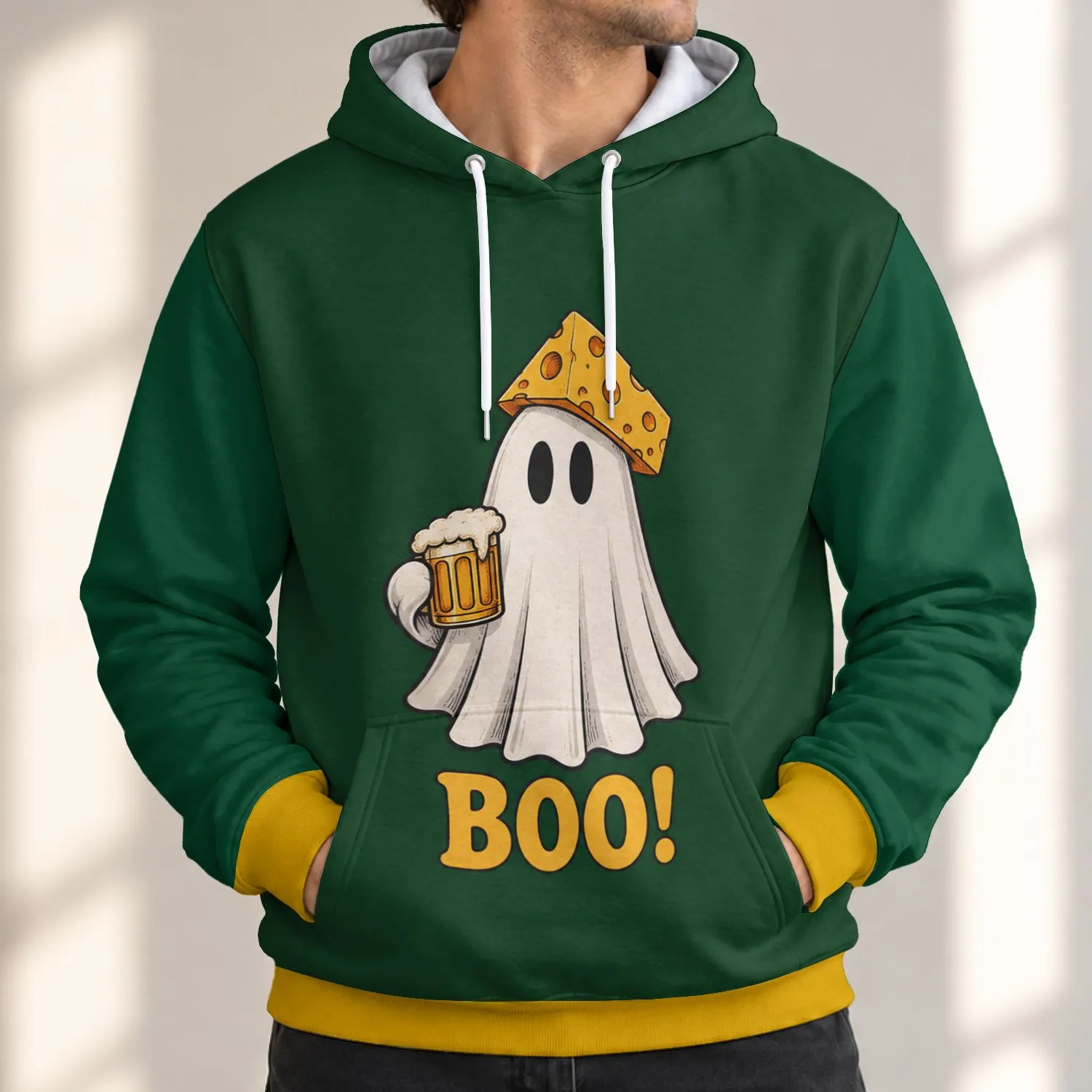 Cheese Hat Ghost with Beer Mug for Halloween Game Day Fun All-over Print Hoodie (Lightweight) - 1