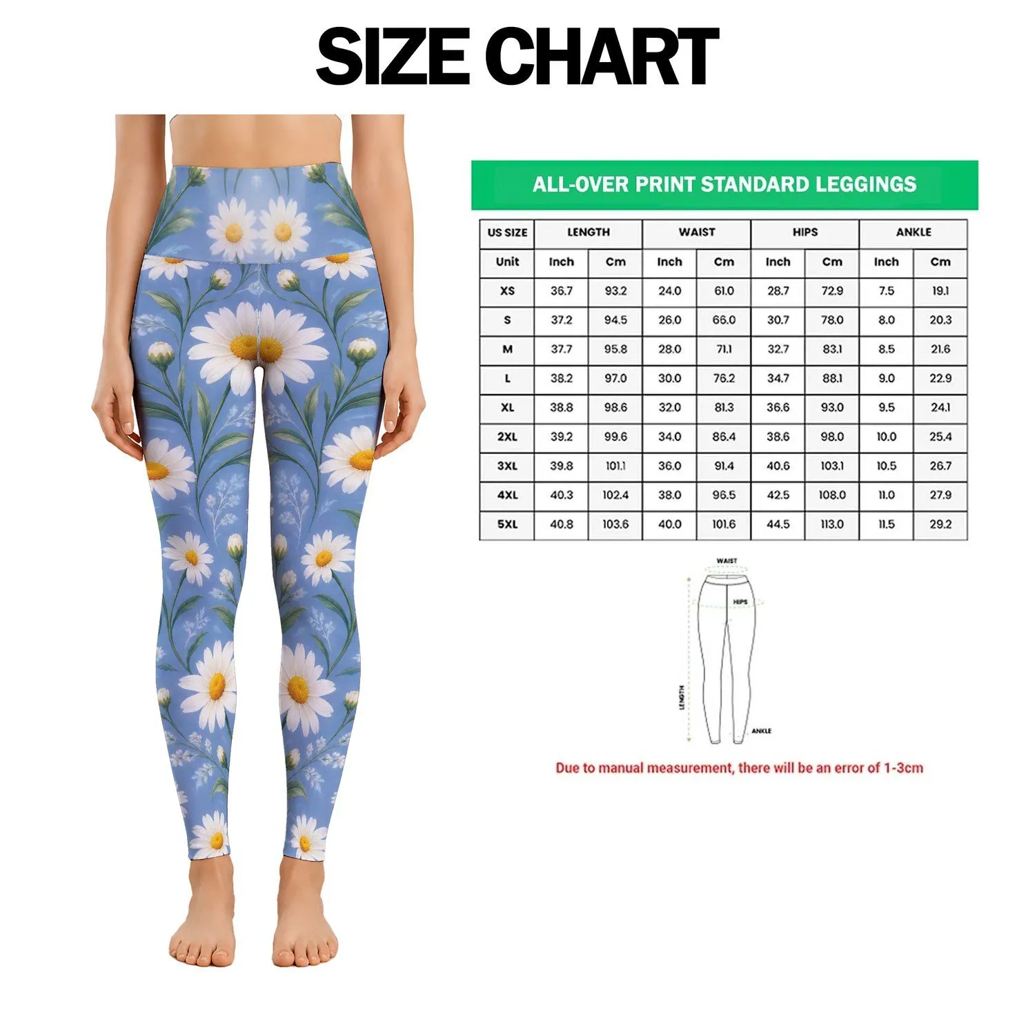 White Daisies on Periwinkle Blue for Yoga, Pilates and Everyday Style Leggings - 1