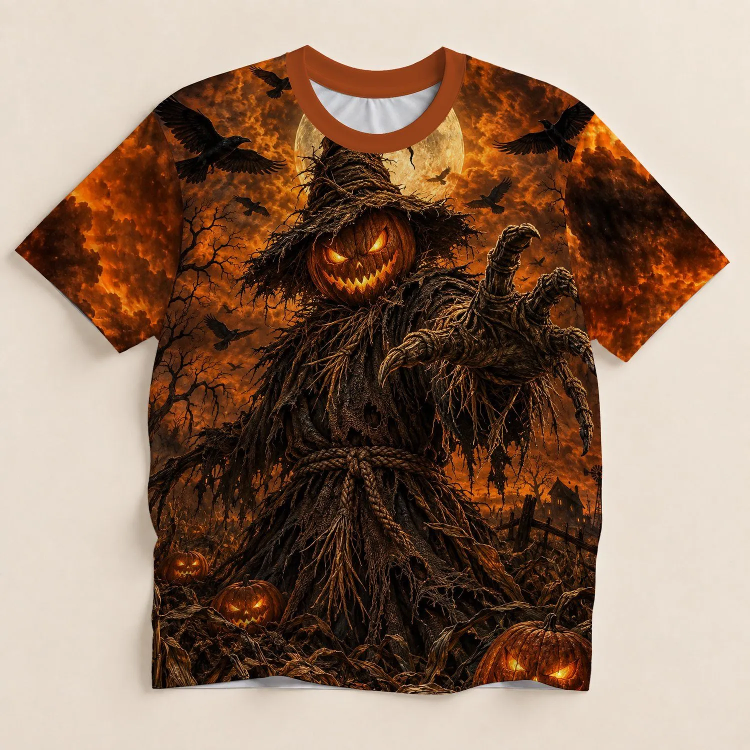 Pumpkin-Head Scarecrow Beneath a Full Moon for Halloween Night and Autumn Gatherings All-over Print Unisex T-shirt - 1
