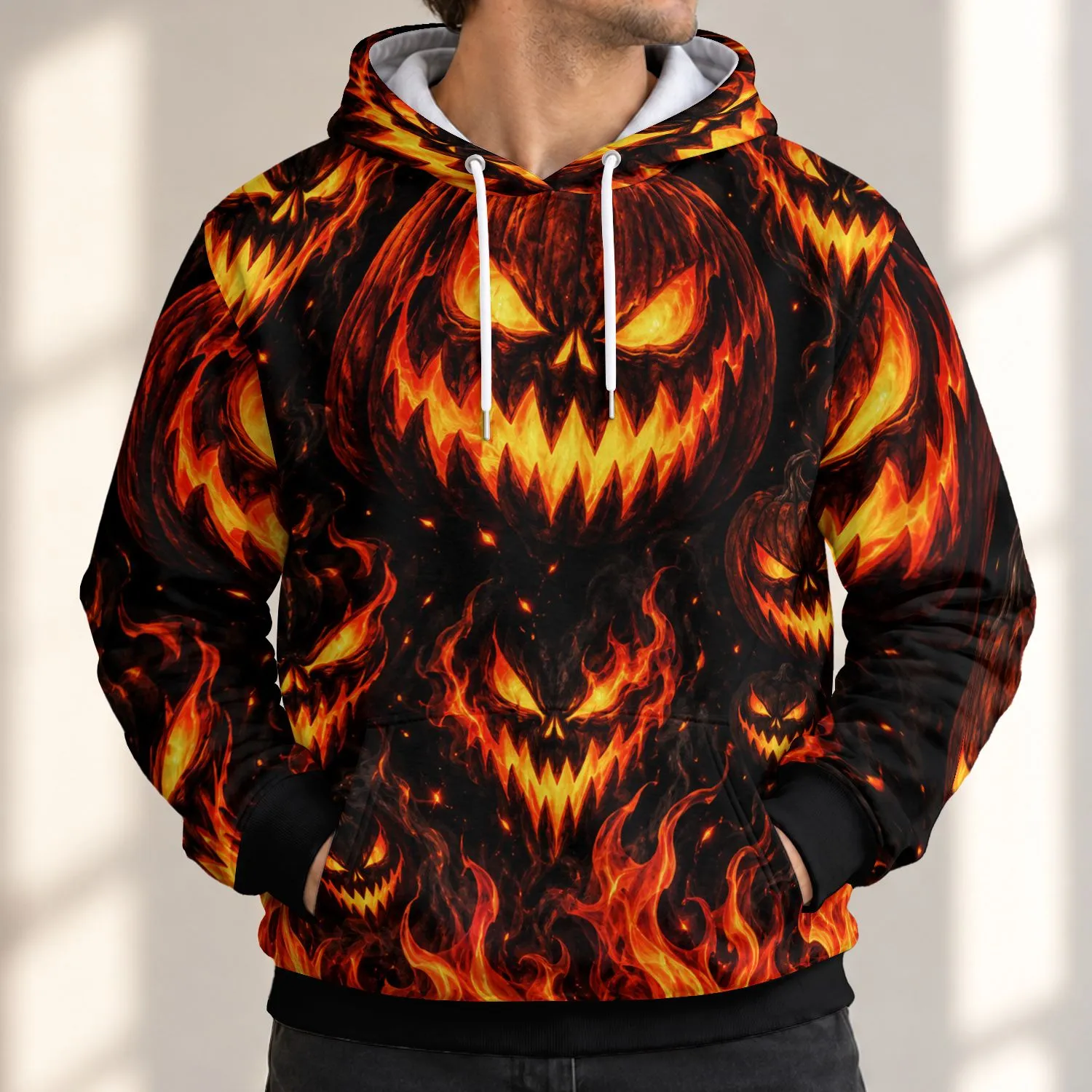 Fiery Jack-o'-Lantern Faces for Halloween Parties and Cozy Autumn Gatherings All-over Print Hoodie (Lightweight) - 1