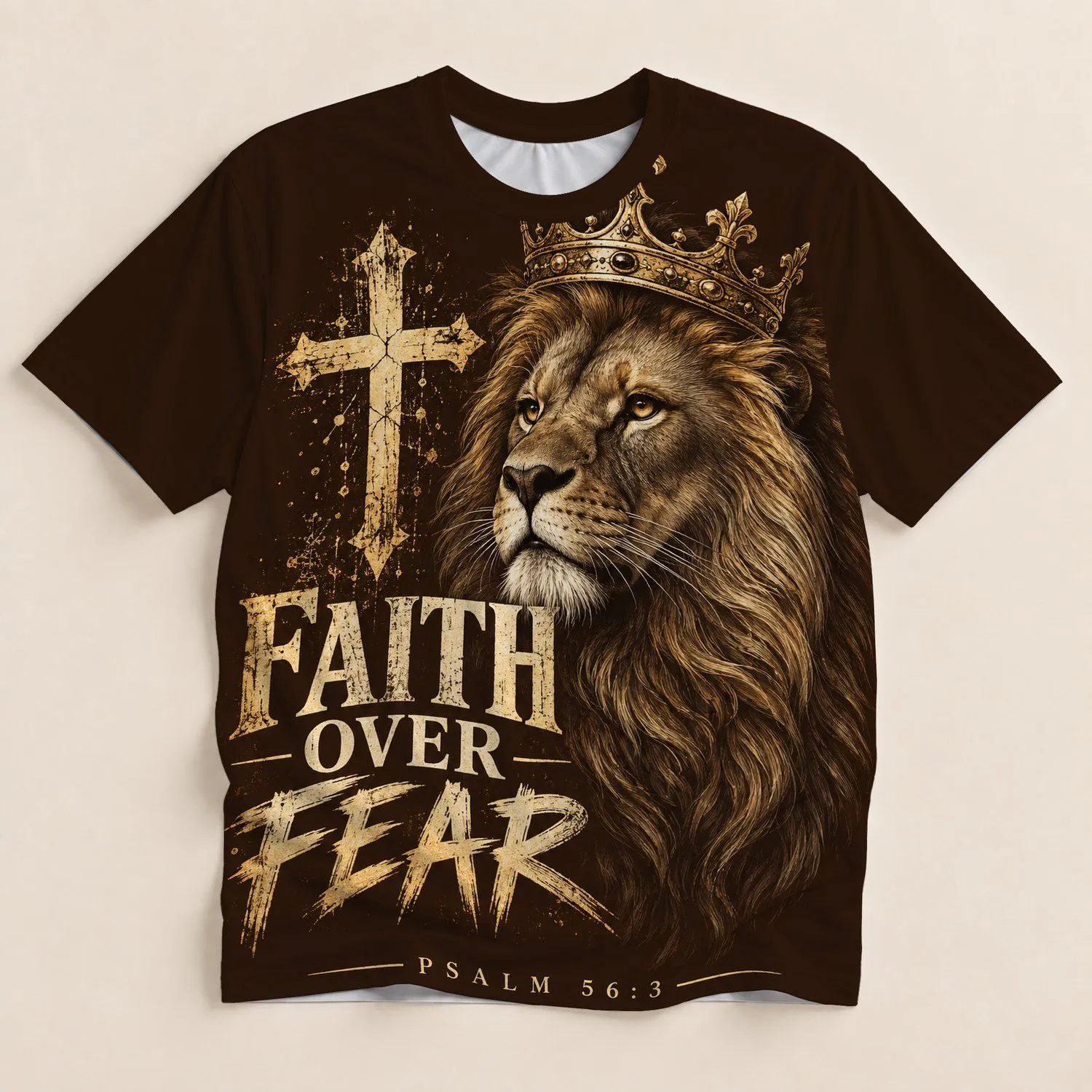 Crowned Lion Cross Faith Over Fear Psalm 56:3 Christian Church Gift for Men All-over Print Unisex T-shirt - 1