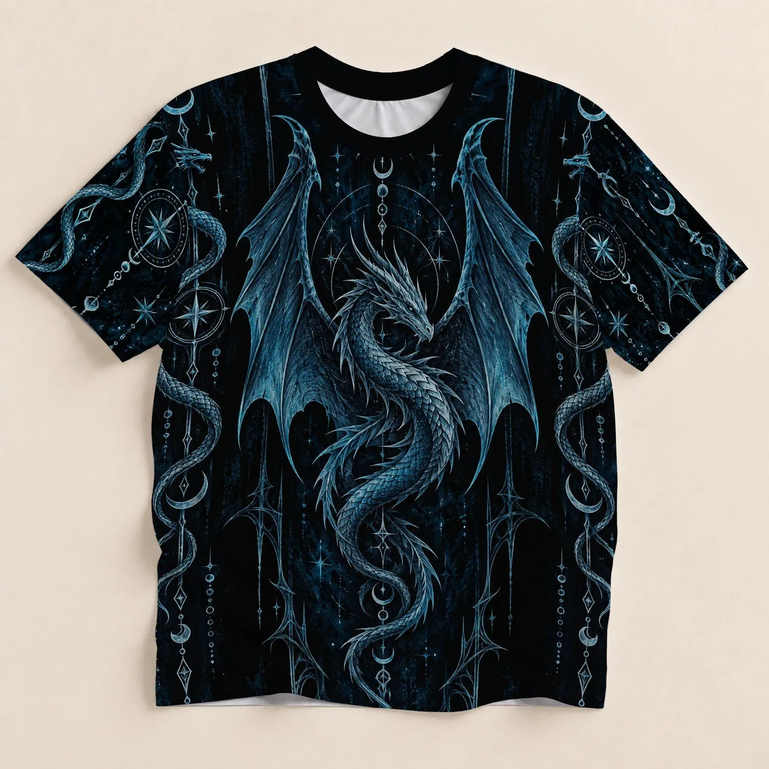 Cyan Rune Dragon Cloak Motifs for Medieval Fantasy Cosplay and Viking Festival Wear All-over Print Unisex T-shirt - 1