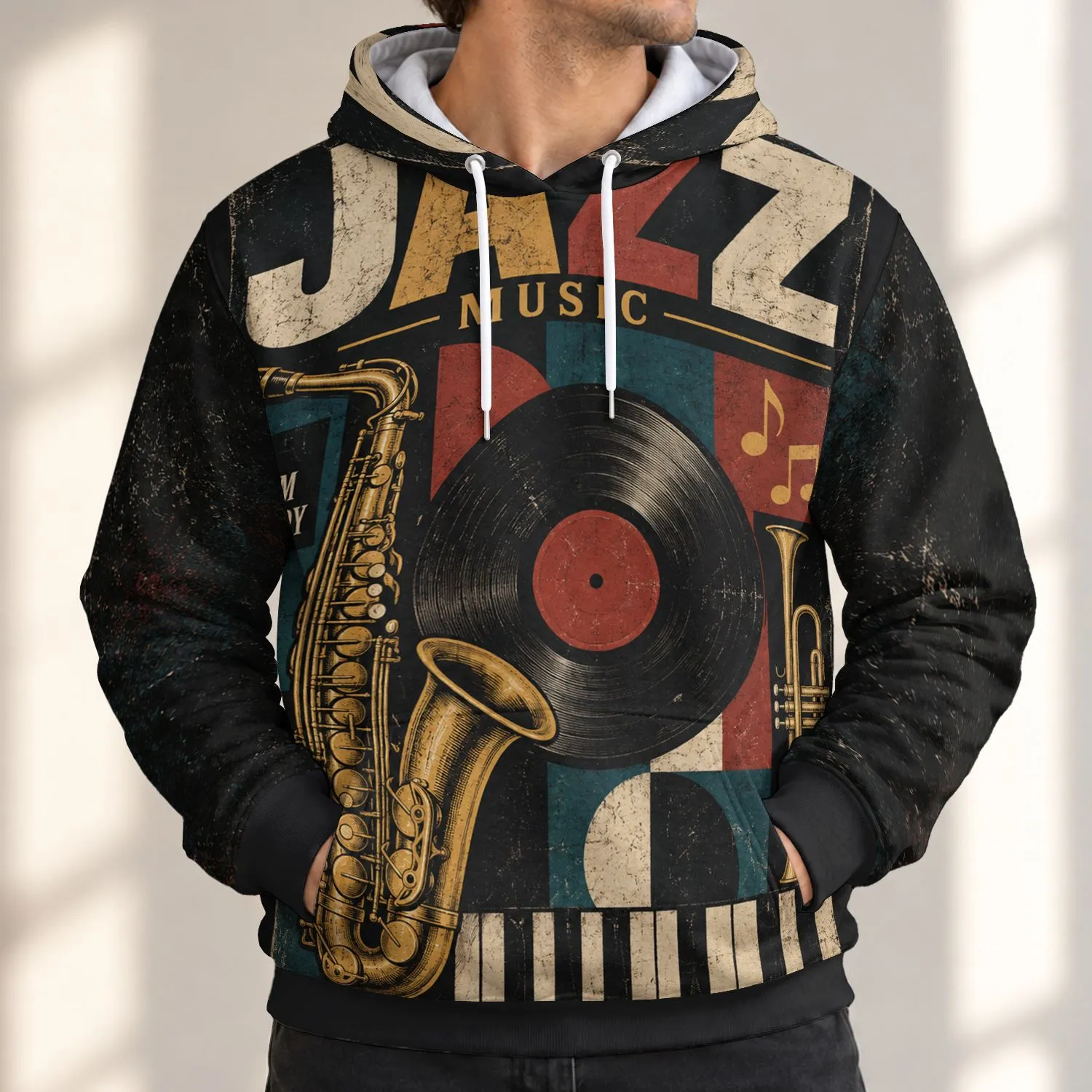 Vintage Jazz Collage With Saxophone And Vinyl For Live Music Fans And Nightlife All-over Print Hoodie (Lightweight) - 1