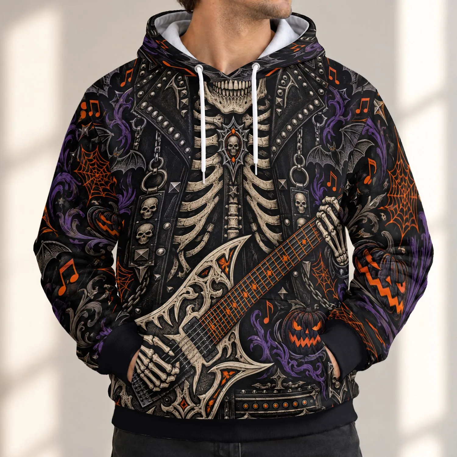Halloween Skeleton Rocker With Gothic Guitar for Spooky Concert Nights and Fans All-over Print Hoodie (Lightweight) - 1
