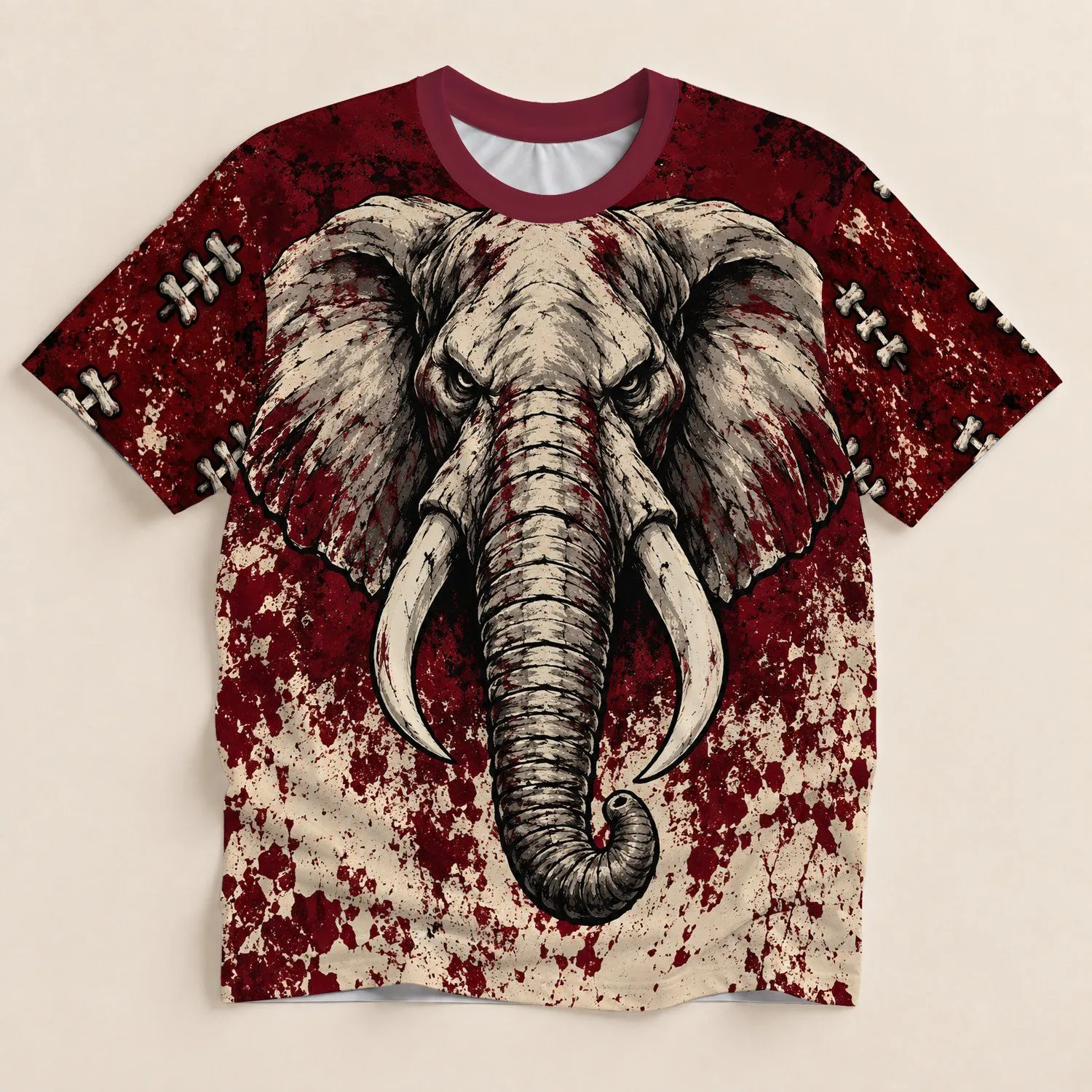 Fierce Elephant Head With Burgundy Distressed Accents for Bold Everyday Wear All-over Print Unisex T-shirt - 1