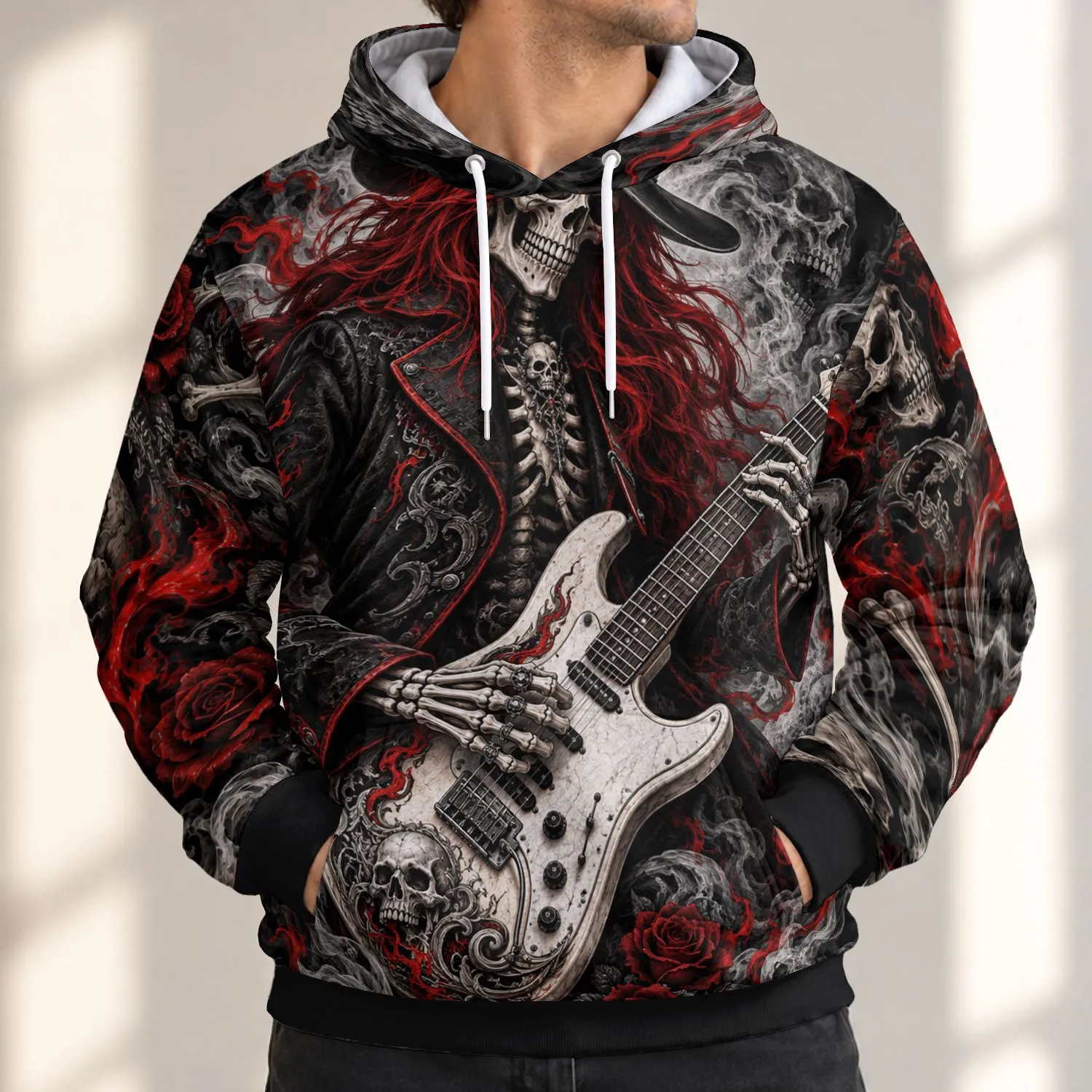 Skeleton Guitarist With Crimson Flames for Concert Nights and Rock Music Fans All-over Print Hoodie (Lightweight) - 1