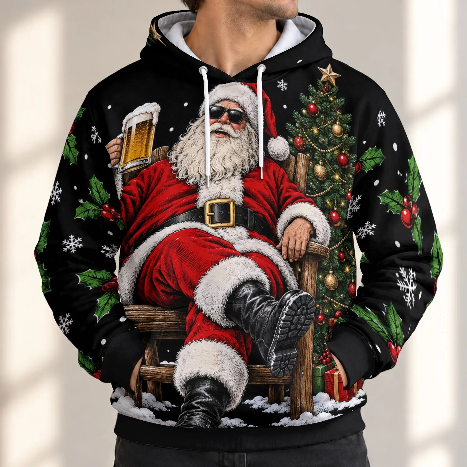 Relaxed Santa With Ale And Christmas Tree For Holiday Party Cheer And Winter Gifting All-over Print Hoodie (Lightweight) - 1