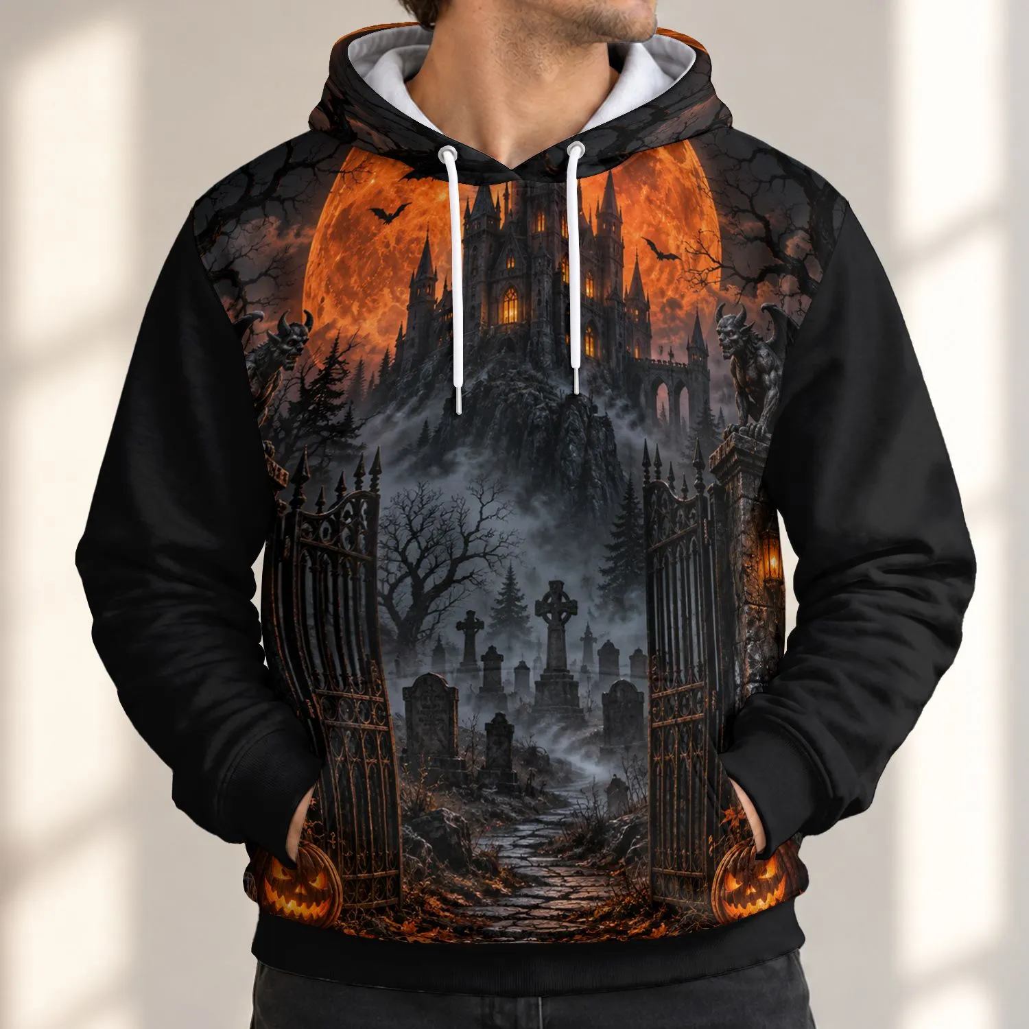 Haunted Castle Graveyard Moon Halloween Scene for Autumn Nights and Spooky Parties All-over Print Hoodie (Lightweight) - 1