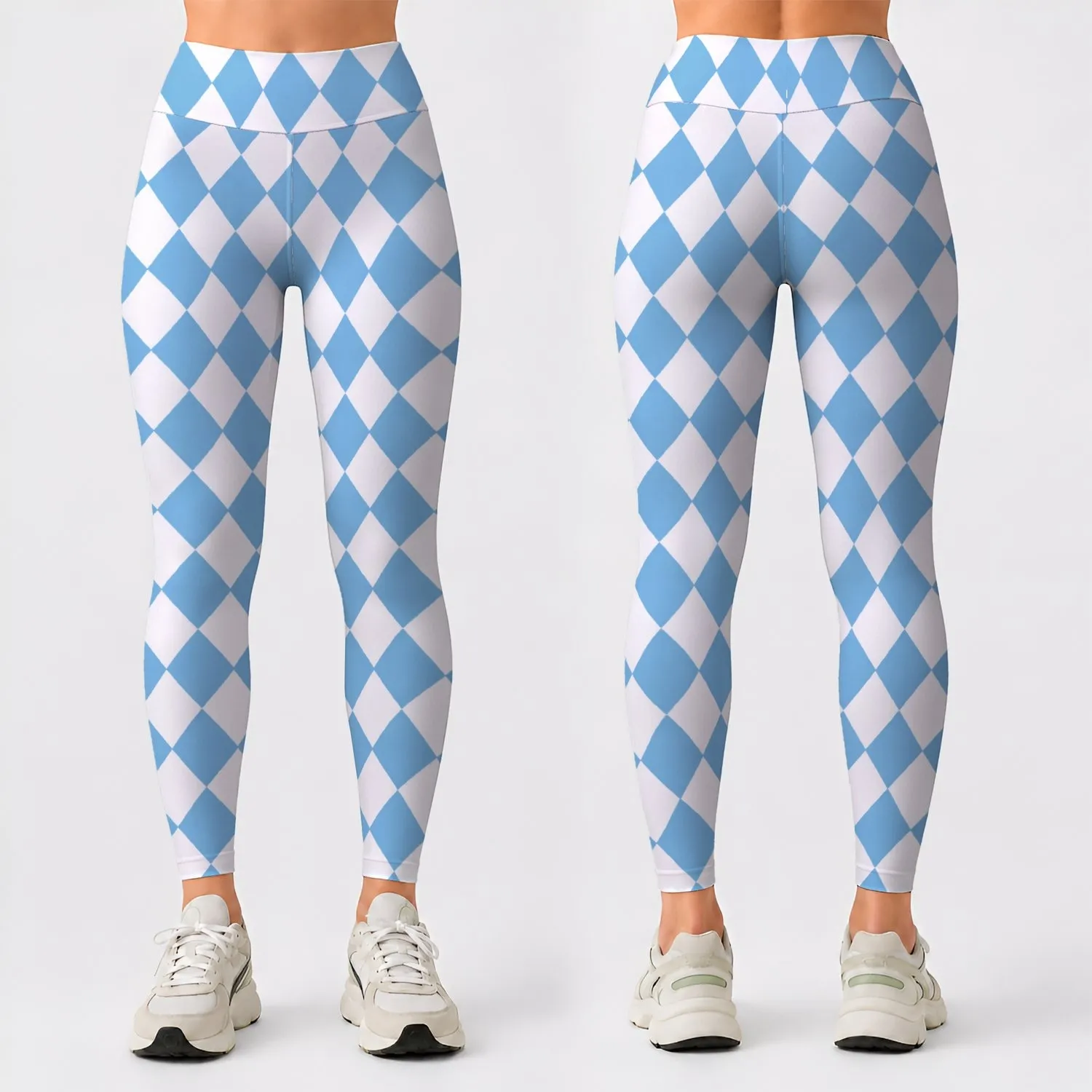 Sky Blue And White Harlequin Checks for Yoga Pilates and Everyday Activewear Style Leggings - 1