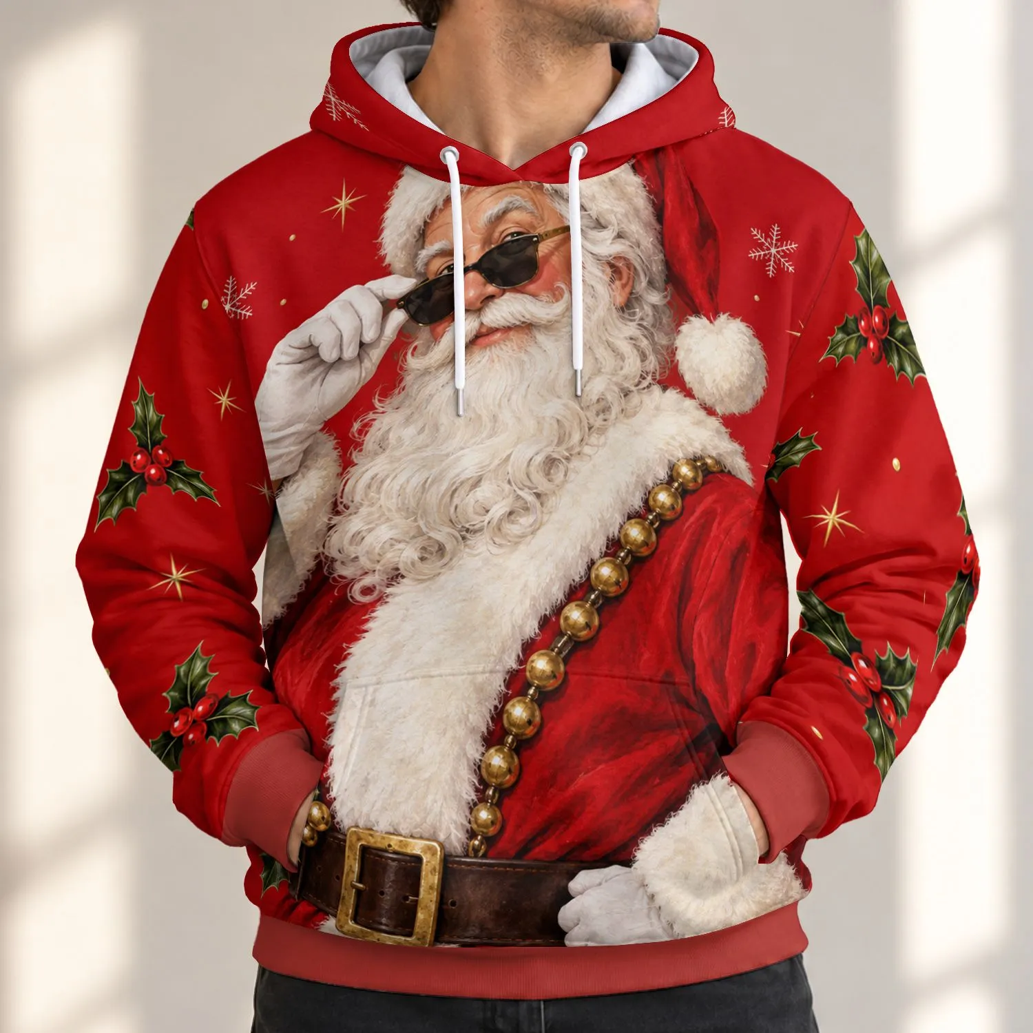 Cool Santa with Sunglasses and Holly for Festive Christmas Celebrations and Gatherings All-over Print Hoodie (Lightweight) - 1