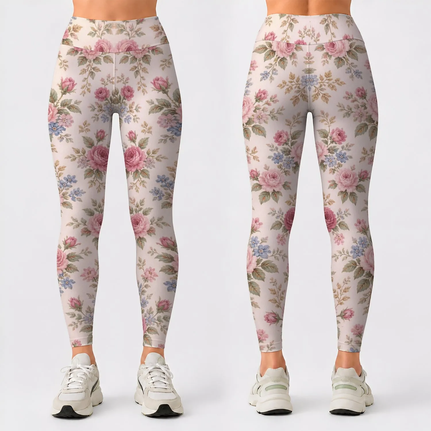 Vintage Rose And Blue Blossom Florals For Yoga, Pilates, And Everyday Wear Leggings - 1