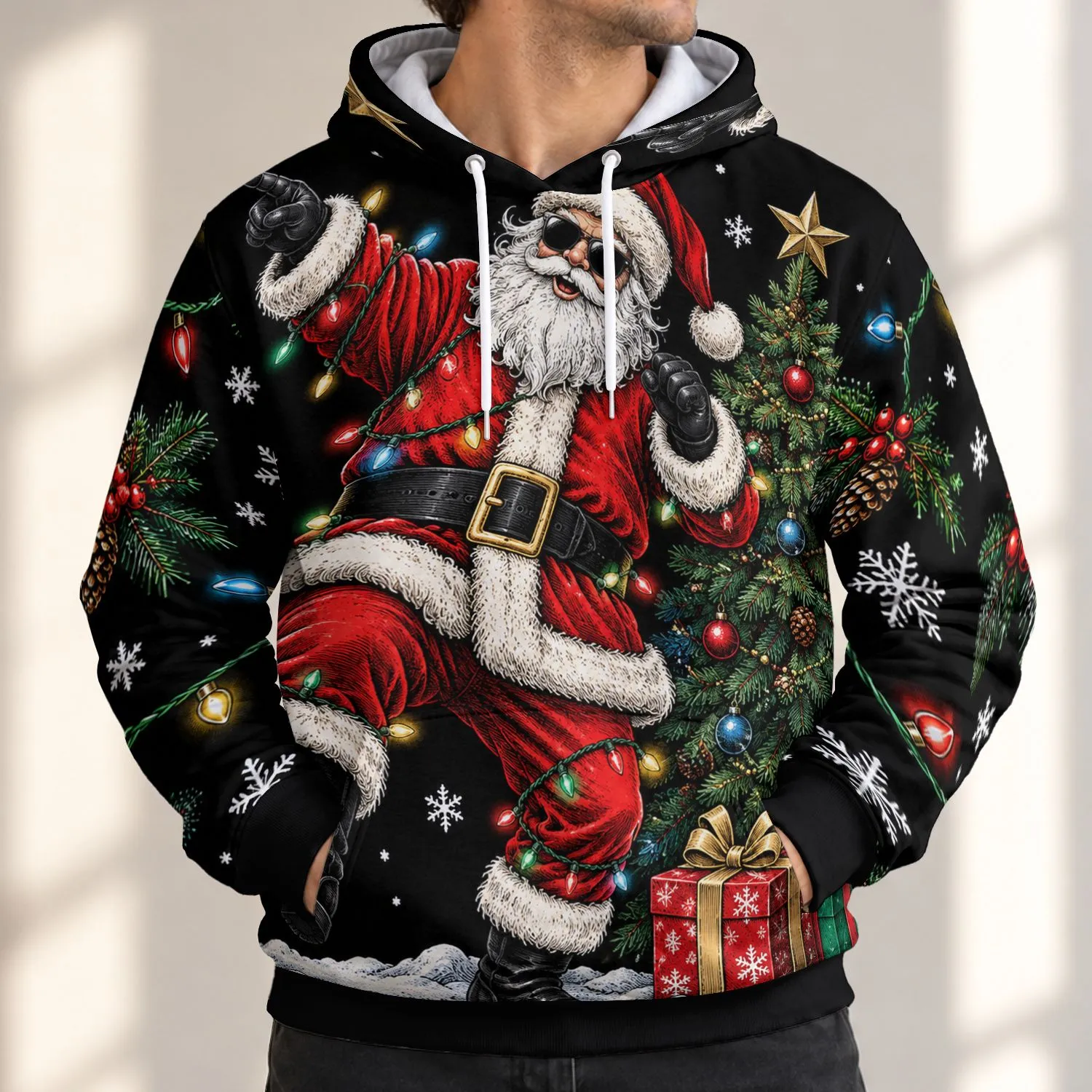 Jolly Bearded Holiday Man with Tree and Gifts for Christmas Parties and Winter Cheer All-over Print Hoodie (Lightweight) - 1