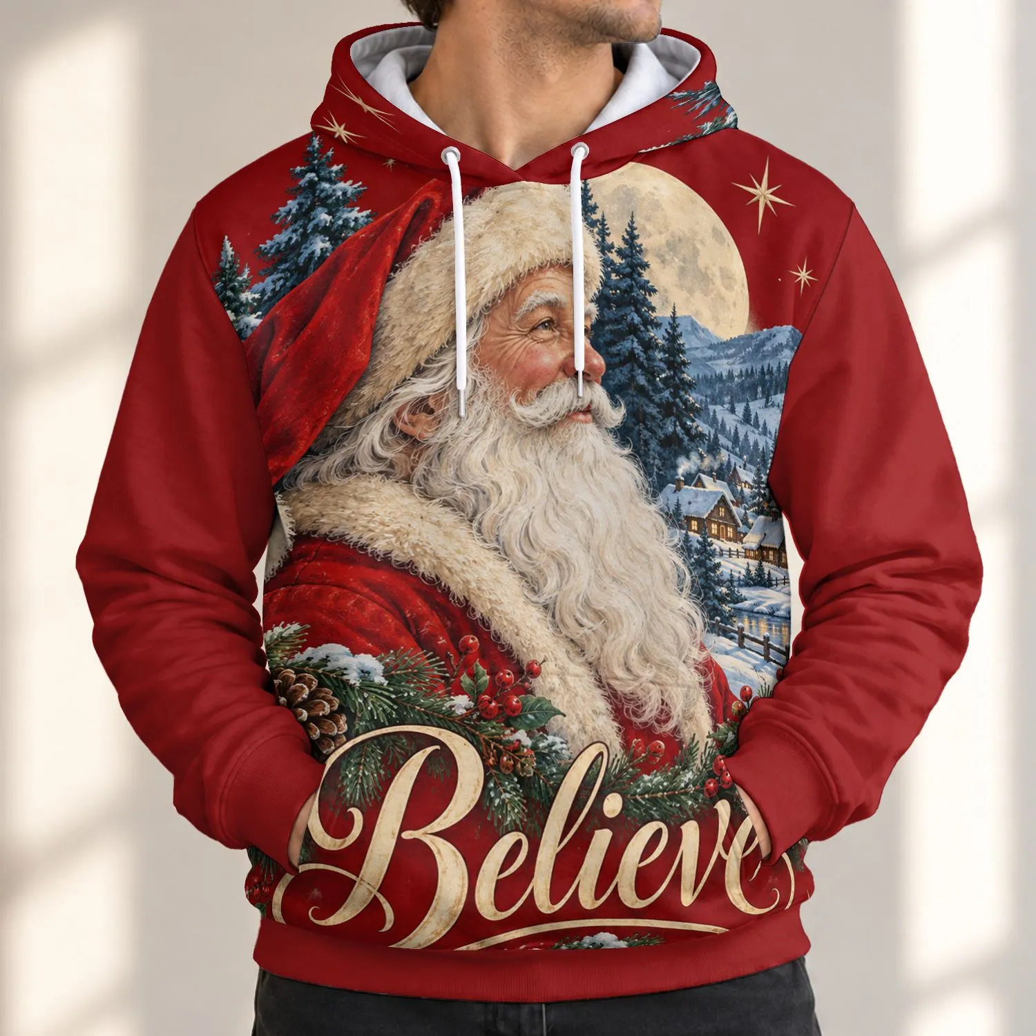 Vintage Winter Santa Believe Holiday Celebration Gift For Christmas Family Gatherings All-over Print Hoodie (Lightweight) - 1