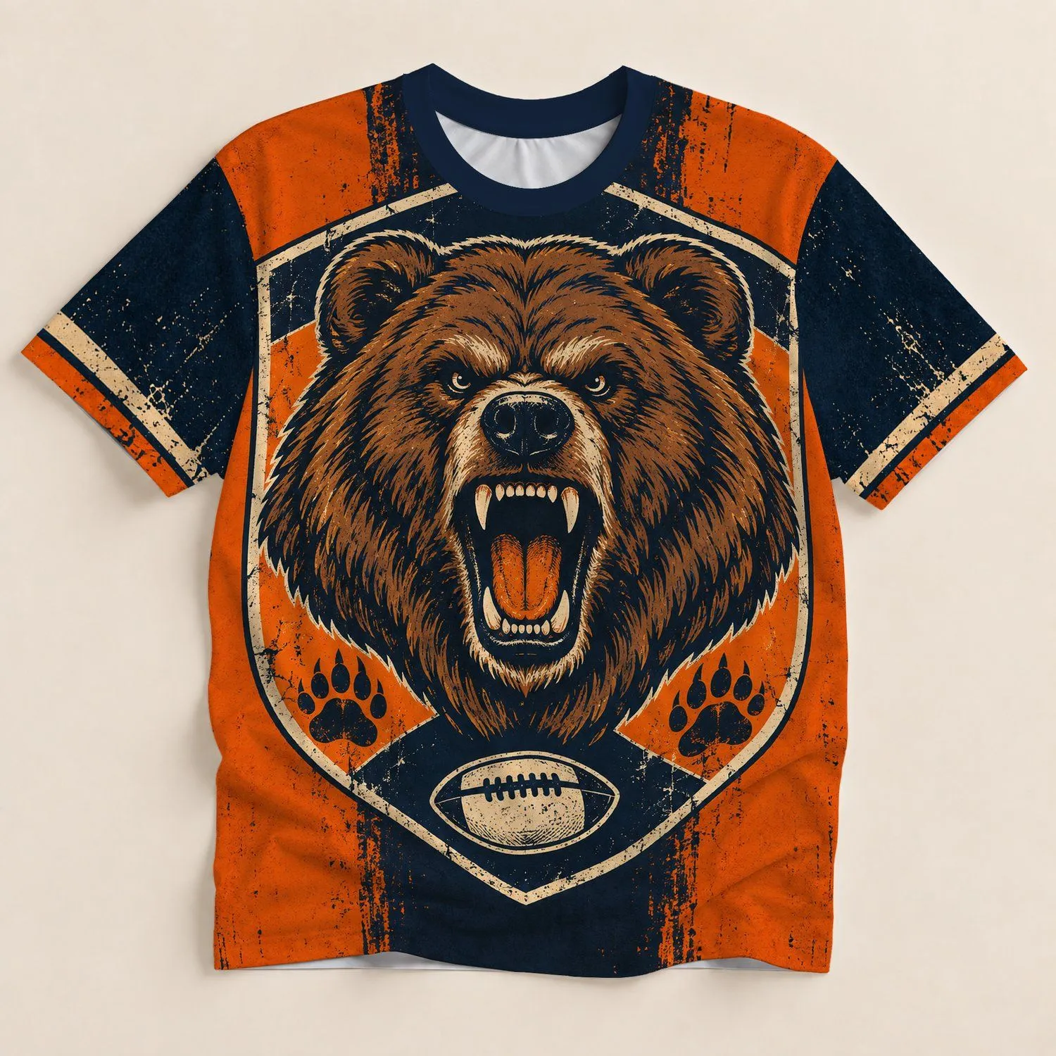 Vintage Orange And Navy Grizzly Bear Football Spirit For Game Day And Tailgate Fans All-over Print Unisex T-shirt - 1