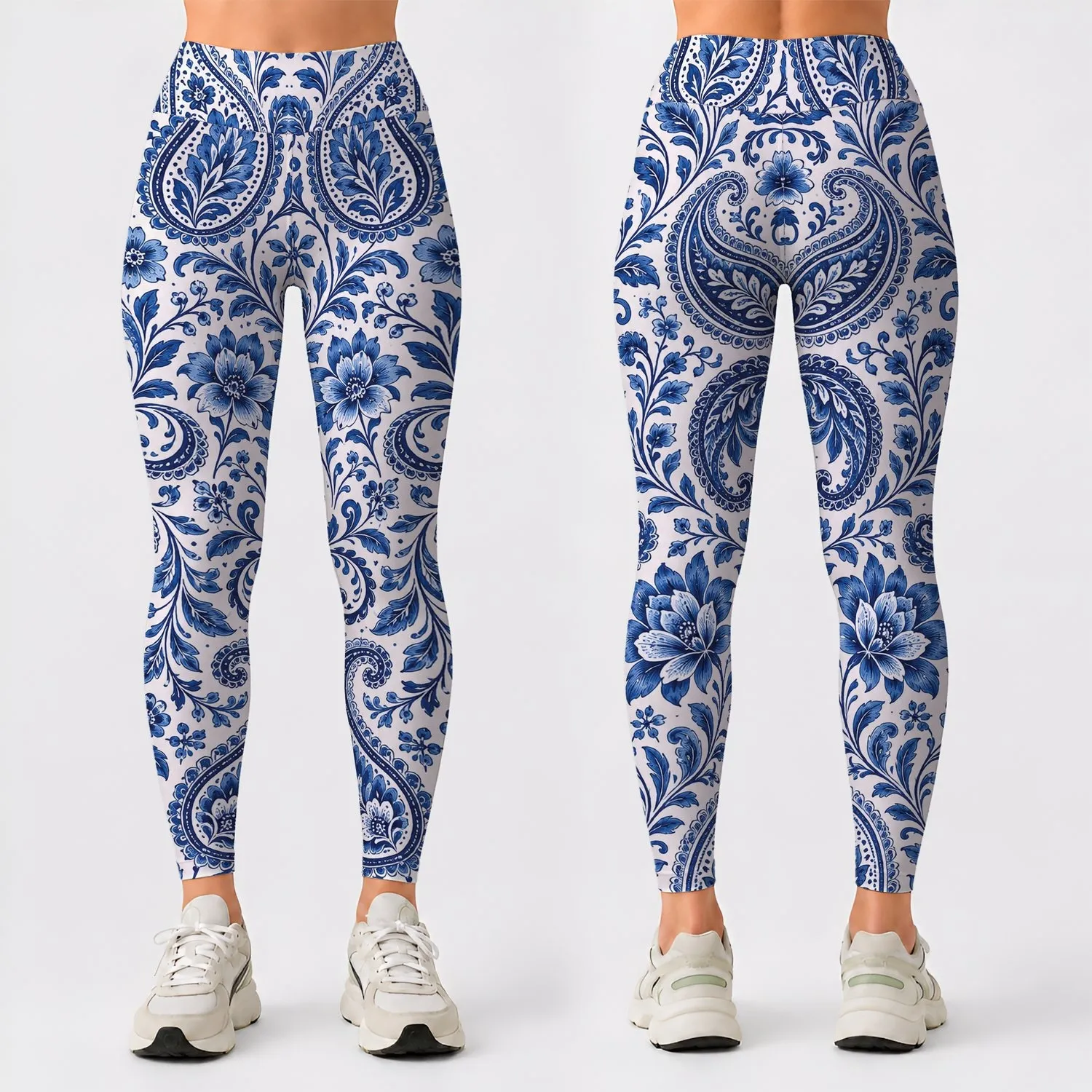 Indigo Blue Paisley Motifs for Yoga Pilates and Everyday Active Living Leggings - 1