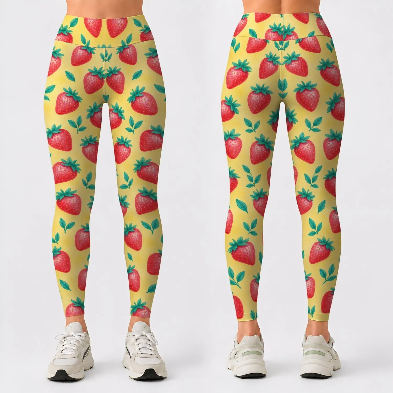 Pink Strawberry And Teal Leaf Motifs For Yoga, Pilates And Everyday Wear Leggings - 1