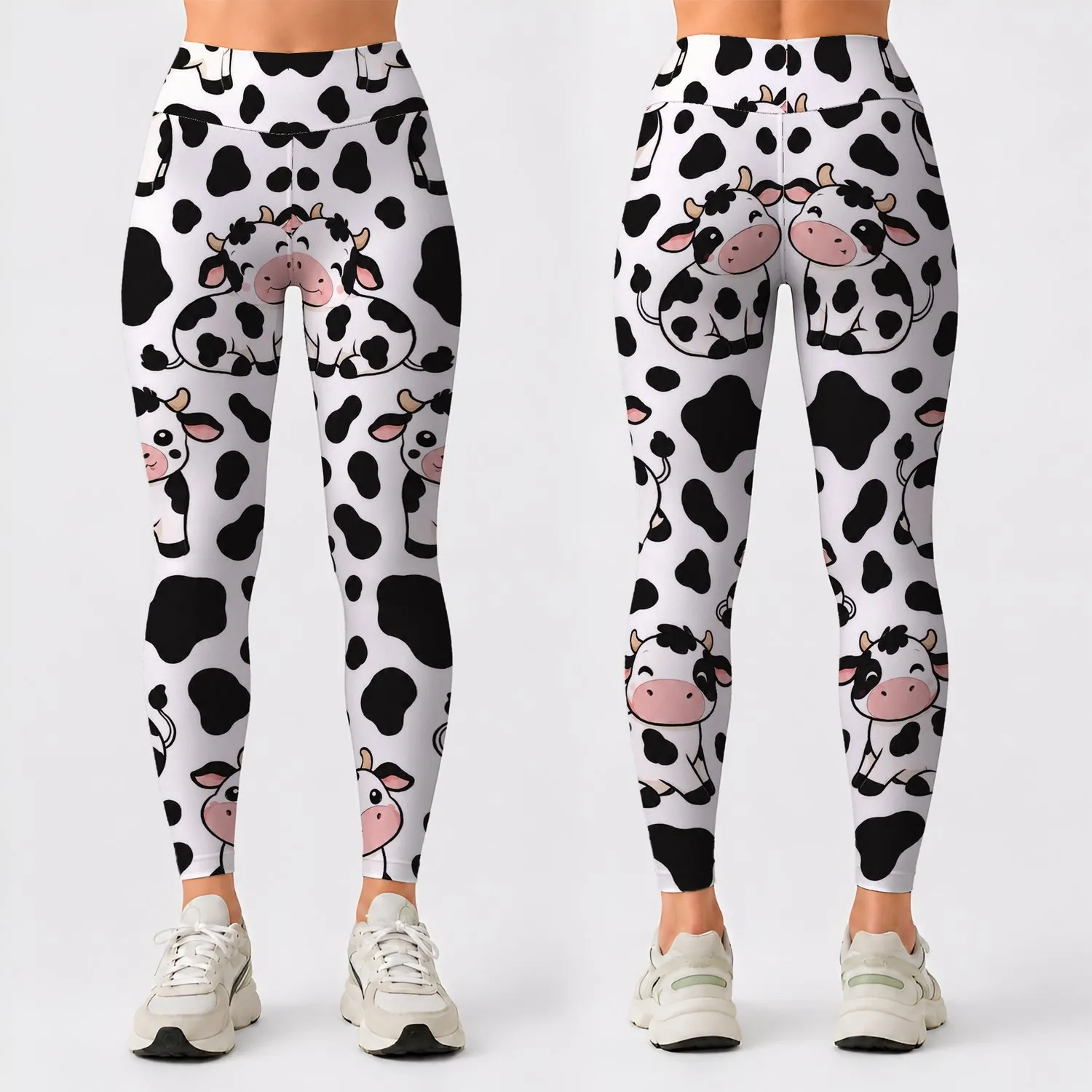Cute Cartoon Cows And Black Holstein Spots For Yoga, Pilates, And Everyday Wear Leggings - 1