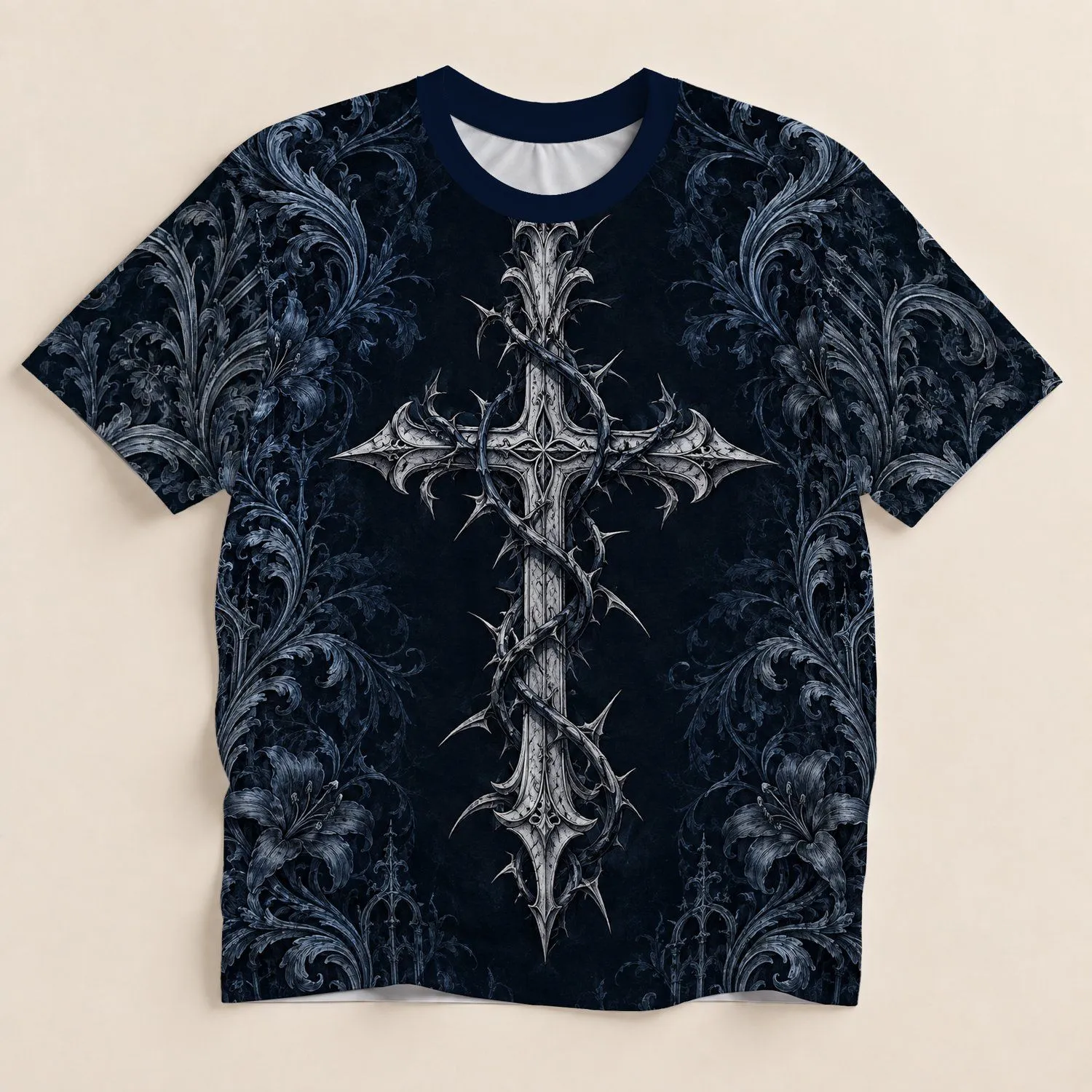 Thorn-Wrapped Silver Cross for Gothic Festivals and Dark Aesthetic Wear All-over Print Unisex T-shirt - 1