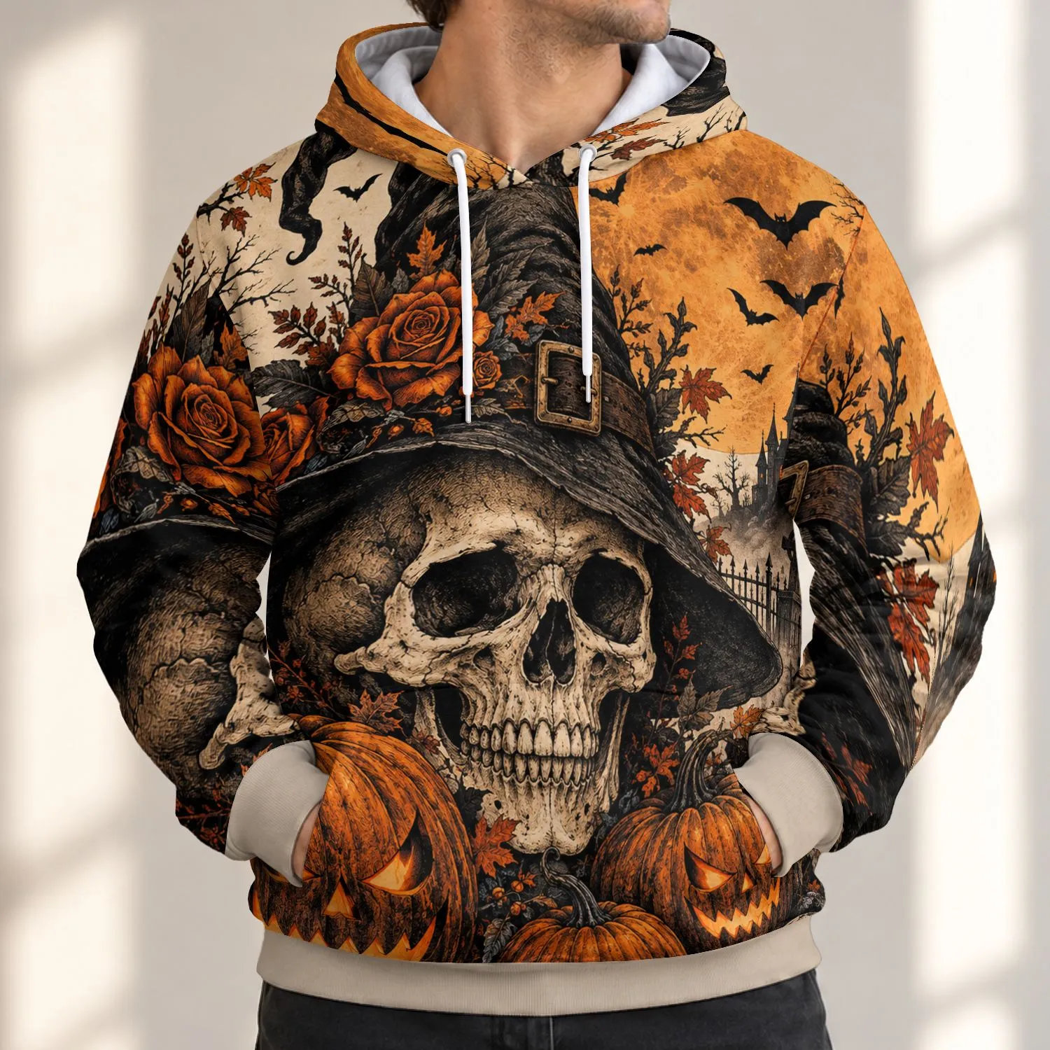 Skull Witch Hat and Pumpkin Moonlit Graveyard for Halloween Night Celebrations, Spooky All-over Print Hoodie (Lightweight) - 1