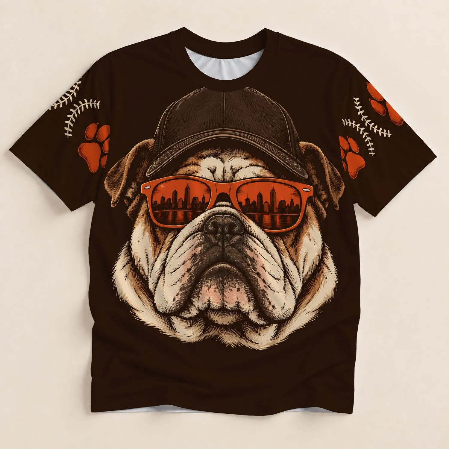 Bulldog Sunglasses and City Skyline for Classic Baseball Fans and Everyday Weekend Wear All-over Print Unisex T-shirt - 1