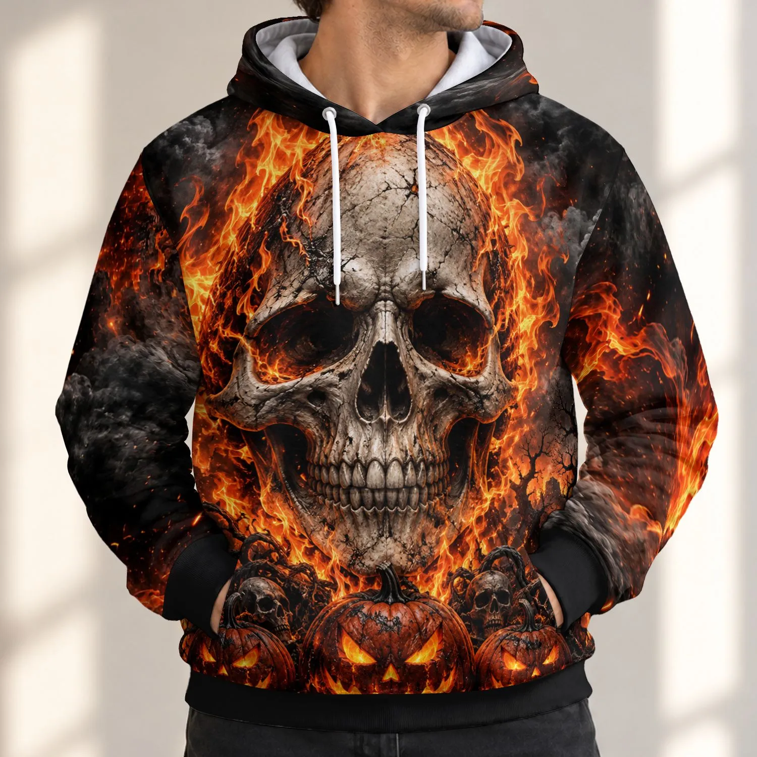 Flaming Skull and Jack-O’-Lanterns for Halloween Night and Fall Gatherings All-over Print Hoodie (Lightweight) - 1