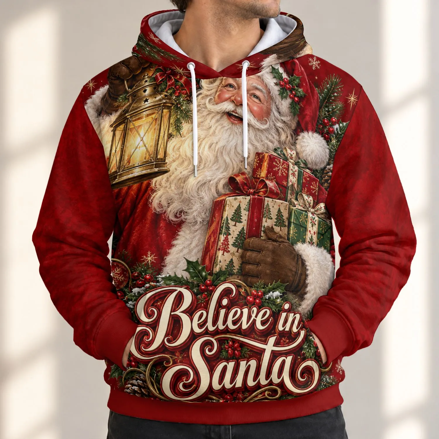 Santa Lantern and Gift Scene for Christmas Celebrations and Cozy Winter Gatherings All-over Print Hoodie (Lightweight) - 1