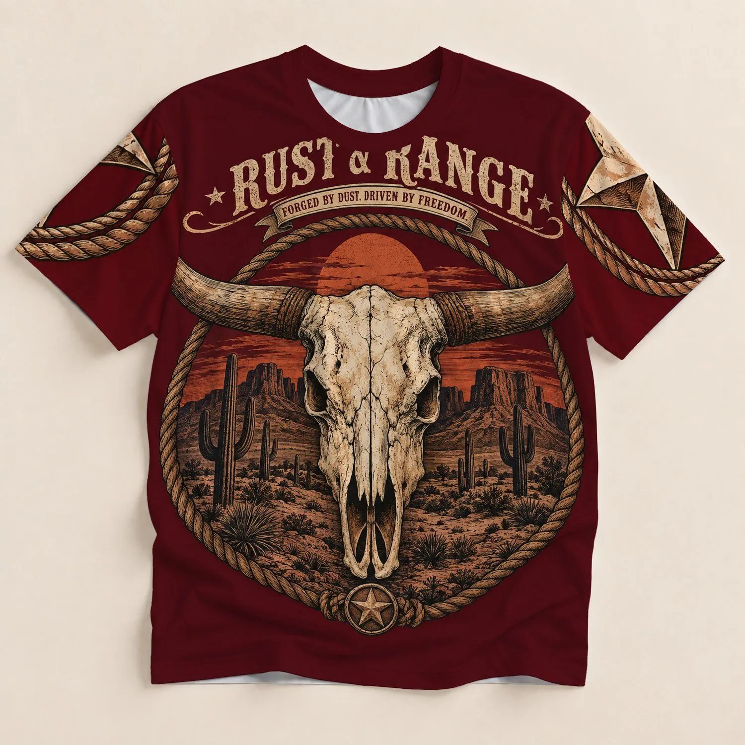 Bull Skull Desert Cactus Cowboy Western Style for Outdoor Travel and Everyday Wear All-over Print Unisex T-shirt - 1