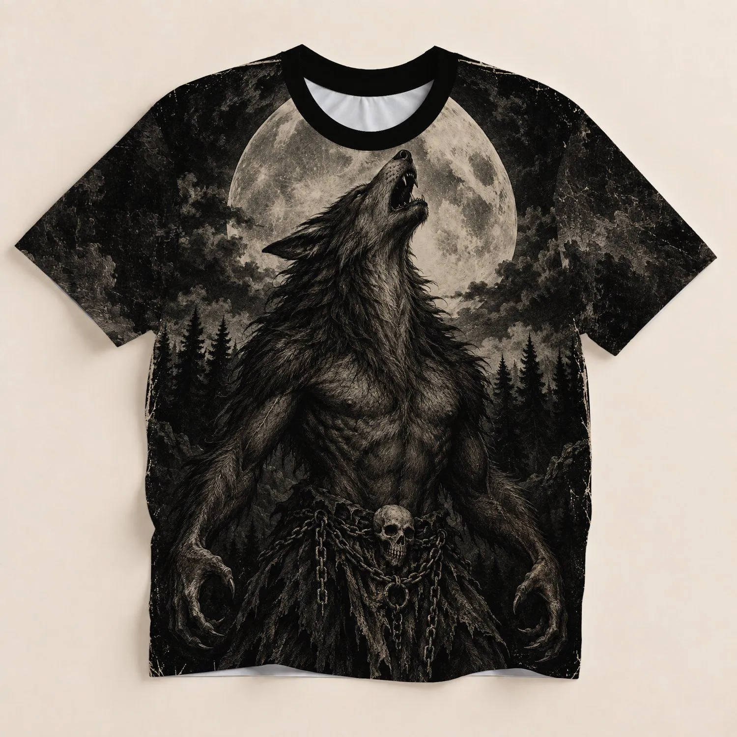 Howling Werewolf Beneath Full Moon for Halloween Nights and Everyday Gothic Style All-over Print Unisex T-shirt - 1