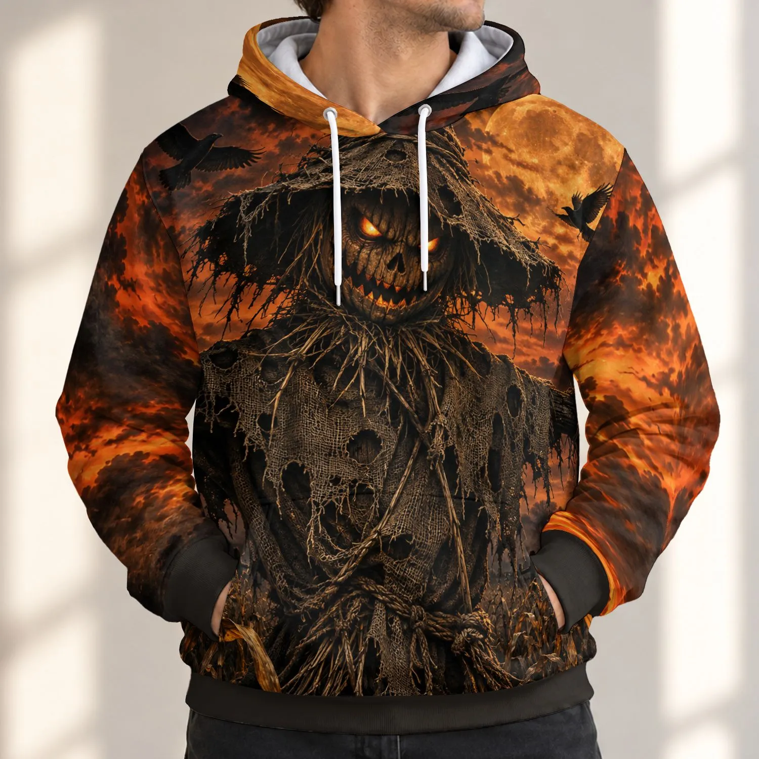 Haunted Scarecrow and Crows for Halloween Night and Autumn Farmhouse Gatherings All-over Print Hoodie (Lightweight) - 1