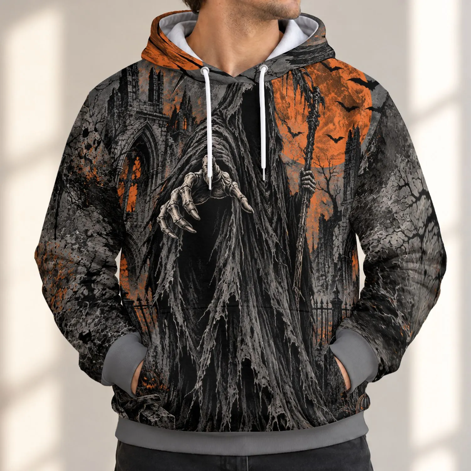 Grim Reaper And Orange Moon Halloween Scene For Haunted House Nights And Parties All-over Print Hoodie (Lightweight) - 1