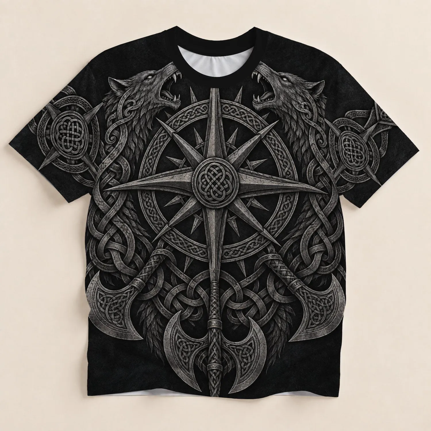 Norse Compass Wolves And Knotwork For Mythology Fans And Viking Enthusiasts All-over Print Unisex T-shirt - 1