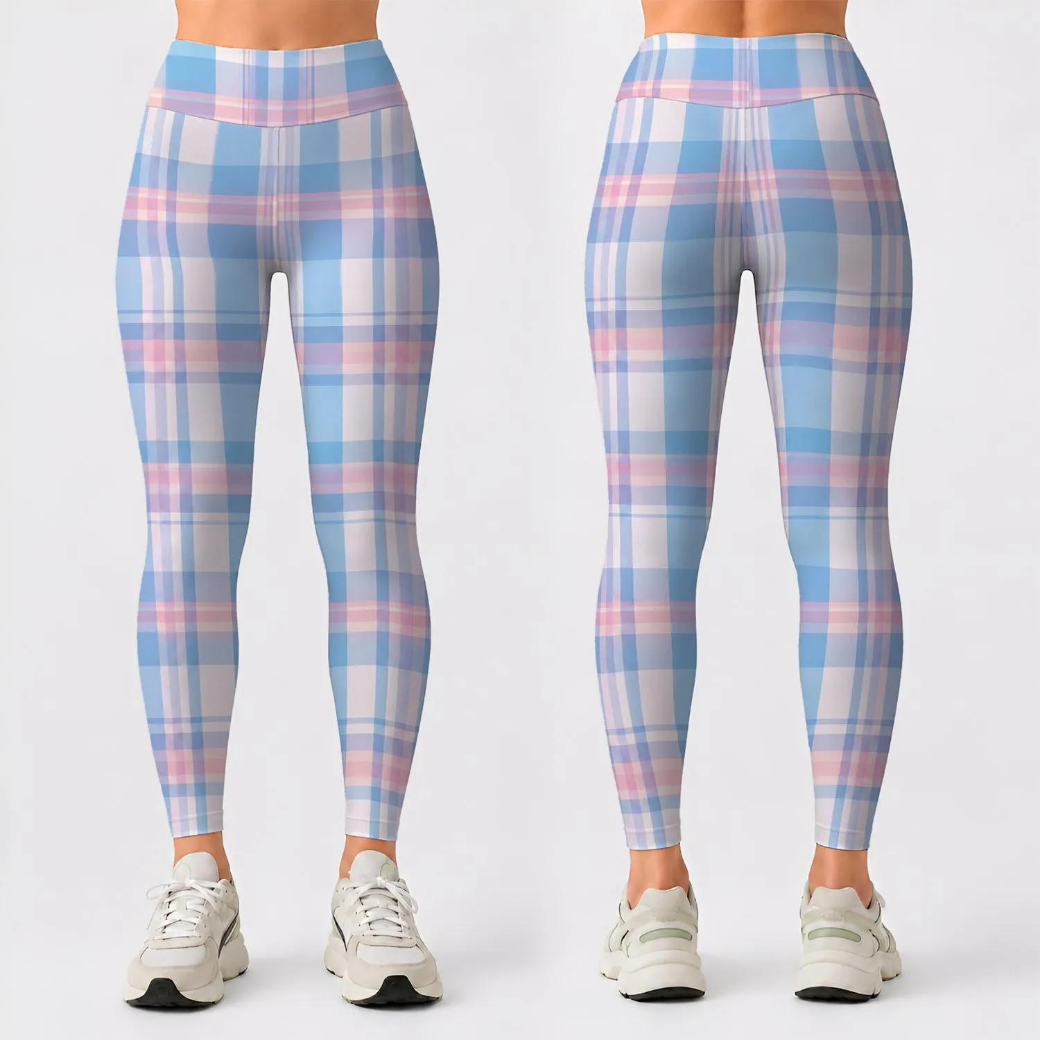 Pastel Blue Tartan Plaid for Yoga, Pilates, and Everyday Casual Wear Leggings - 1